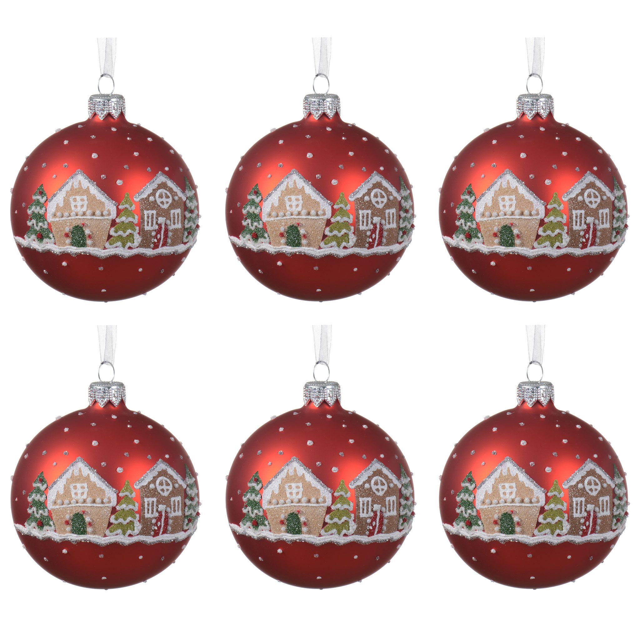 Kaemingk Weihnachtsbaumkugel, Weihnachtskugeln Glas 8cm Lebkuchenhaus Motiv Handbemalt 6er Set Rot