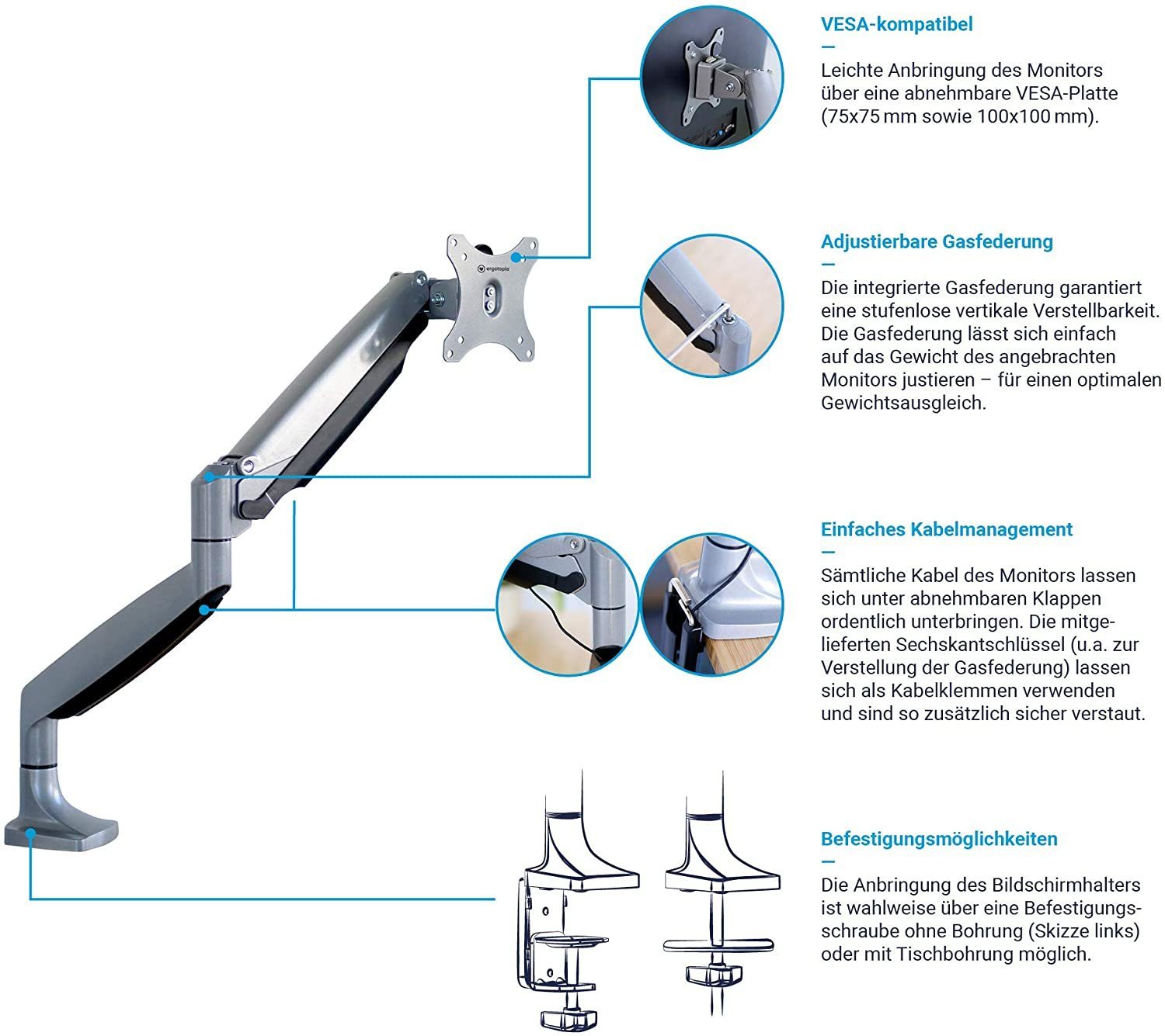 Monitor-Halterung Ergonomischer Bildschirmhalter 360° schwenkbar Monitor Tischhalterung Monitor-Halterung bis 32 Zoll - Höhenverstellbarer Monitorarm mit stabiler Tischhalterung, (bis 32,00 Zoll, 360° schwenkbar)