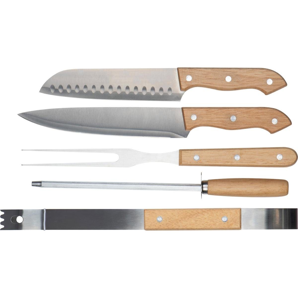 Macma Schneidebrett BBQ Set / mit Holzbrett, Messern, Grillzange, Fleischgabel, Messerschä