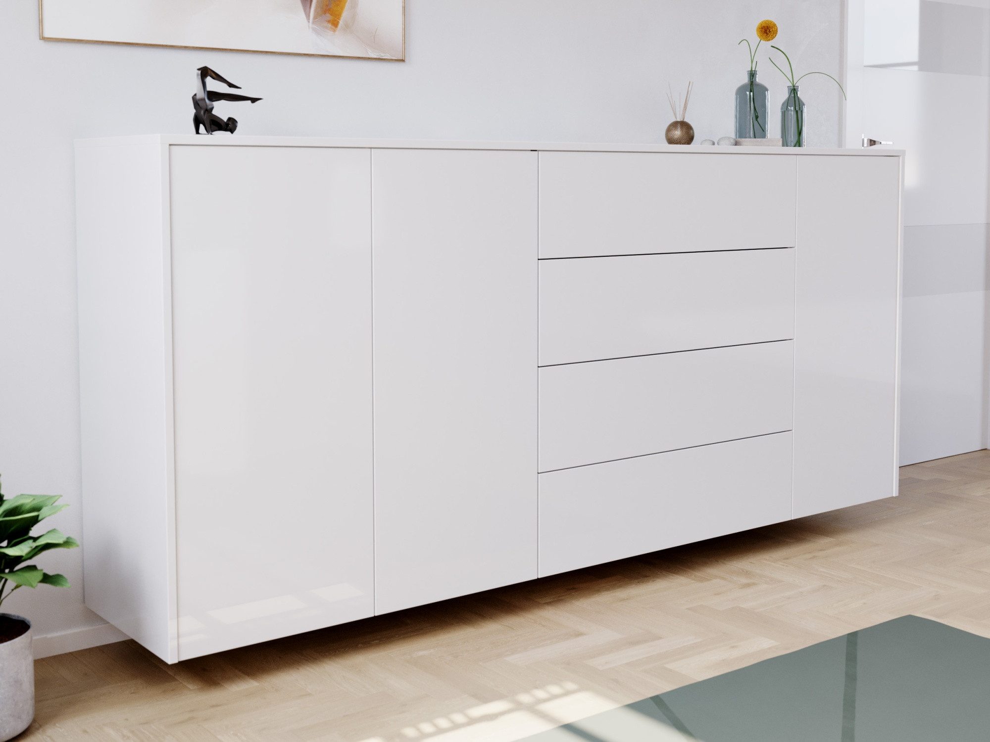 Magnolia Home Kommode Sideboard Impulse 200cm 3 Türen 4 Pushauszüg Weiß Hgl