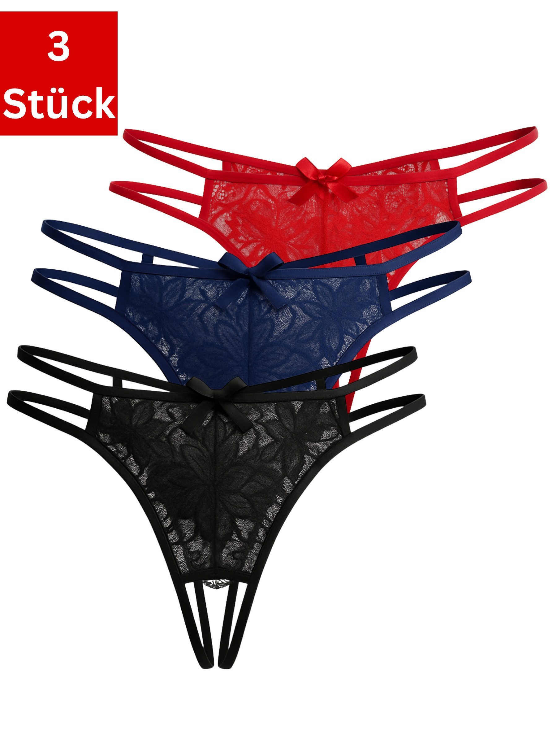 String-Ouvert Spitzen-Tangas – Sexy Damen-Strings mit Doppelträgern & Satinschleife