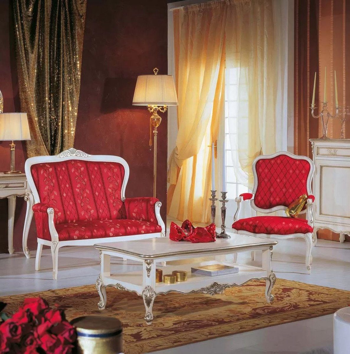 - Silber in Qualität Padrino Casa Rot / / Wohnzimmer Handgefertigter Sessel Made Luxus Wohnzimmer Barock Sessel Italy Barock - Luxus - Sessel - Möbel Weiß