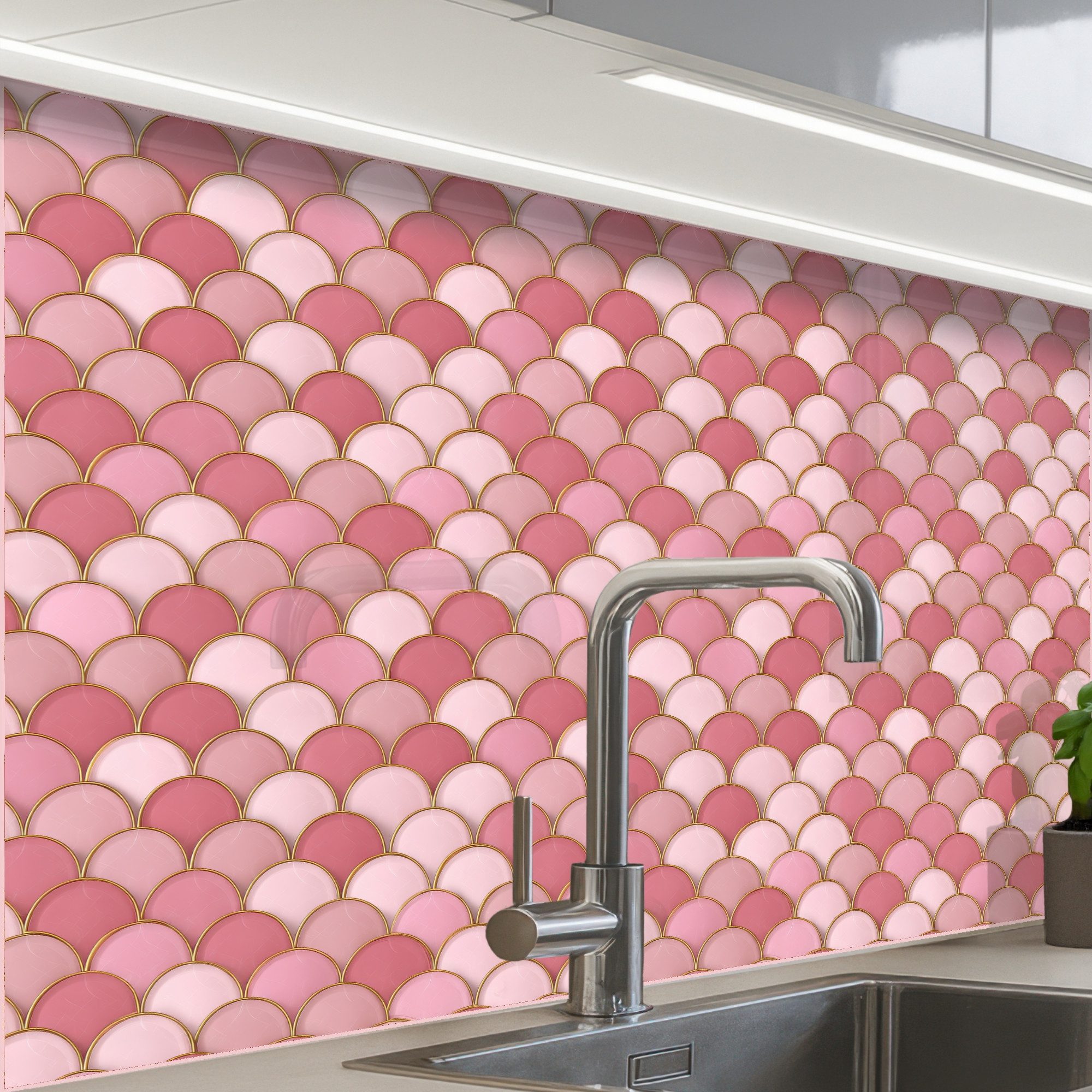 KitchenYeah Küchenrückwand Muster selbstklebend (keine Folie) Fliese - Muster - Rosa - Gold, (1-tlg), Spritzschutz, Küche, Rückwand, Küchenwand, Küchenfront, 30x20 cm