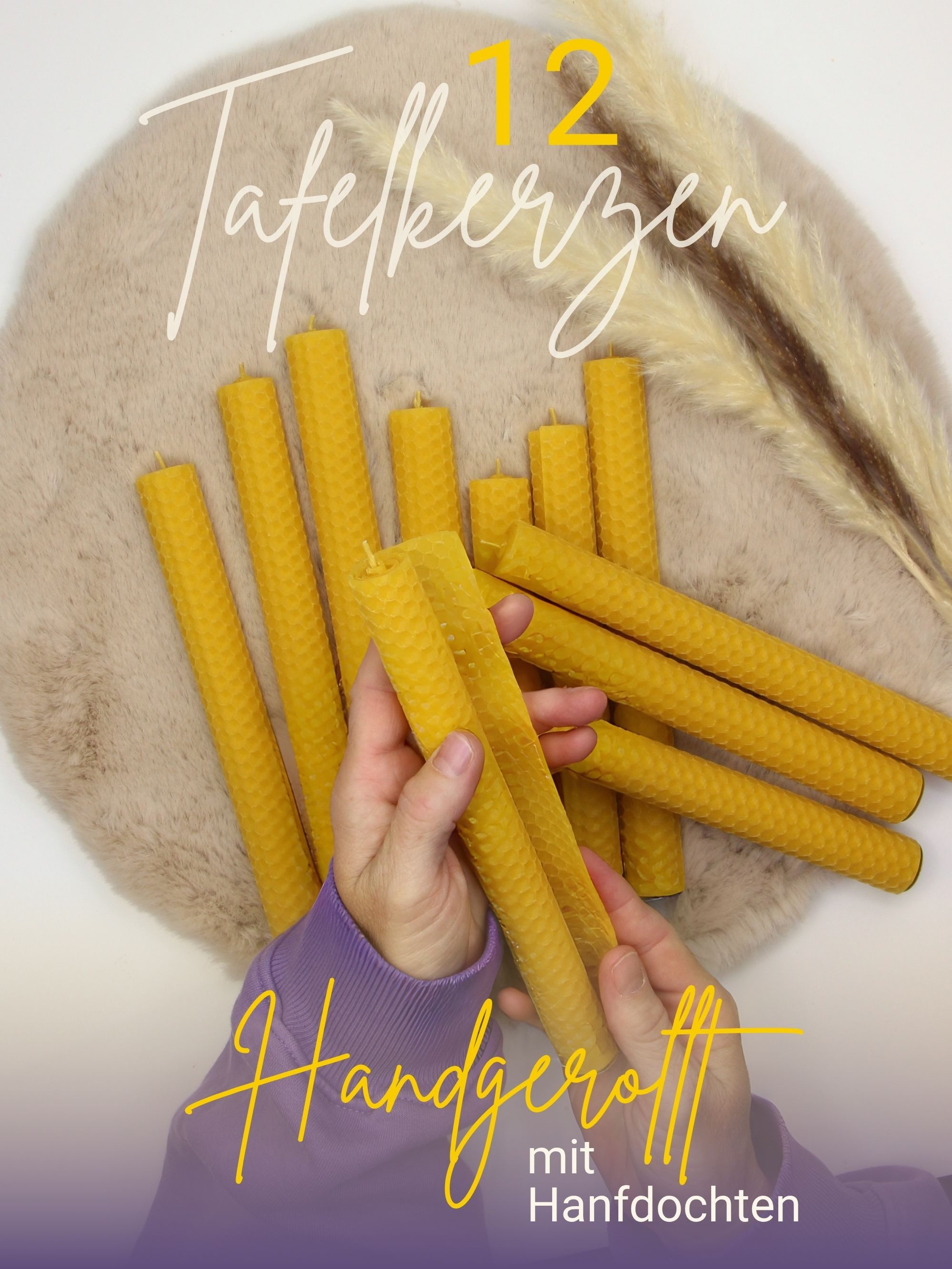 Wachsmann Bienenprodukte Bienenwachskerze Stabkerzen (Set, 12 Kerzen), 100 % Bienenwachs aus Deutschland, handgerollt