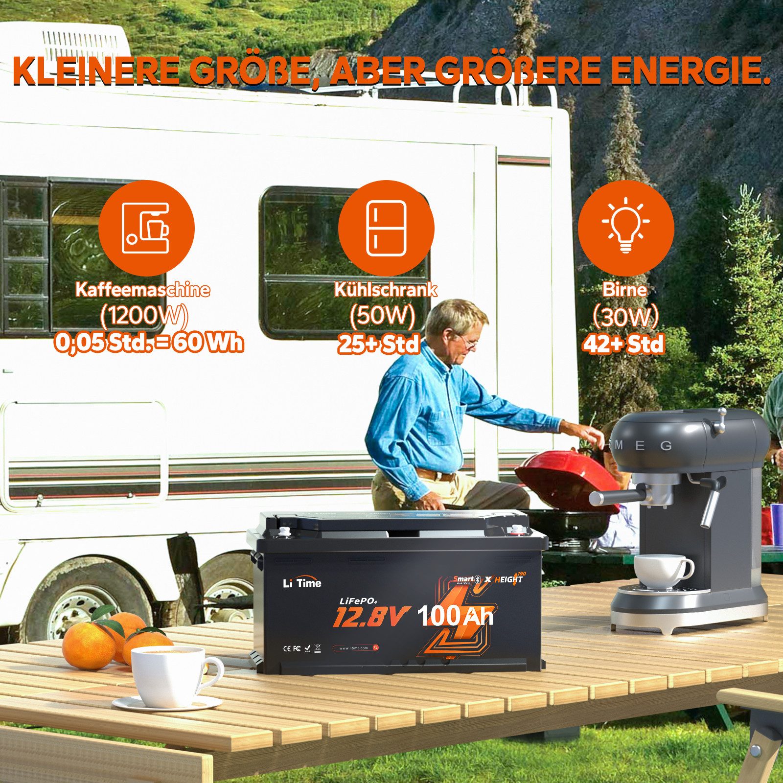 LiTime 12V 100Ah H190 LiFePO4 Batterie mit Bluetooth und BMS 1280Wh DIN H8 Solarakkus 100000 mAh (12 V), L358*B177*H188 mm, geeignet für Wohnmobile, Wohnwagen u – Bild 5 von 5