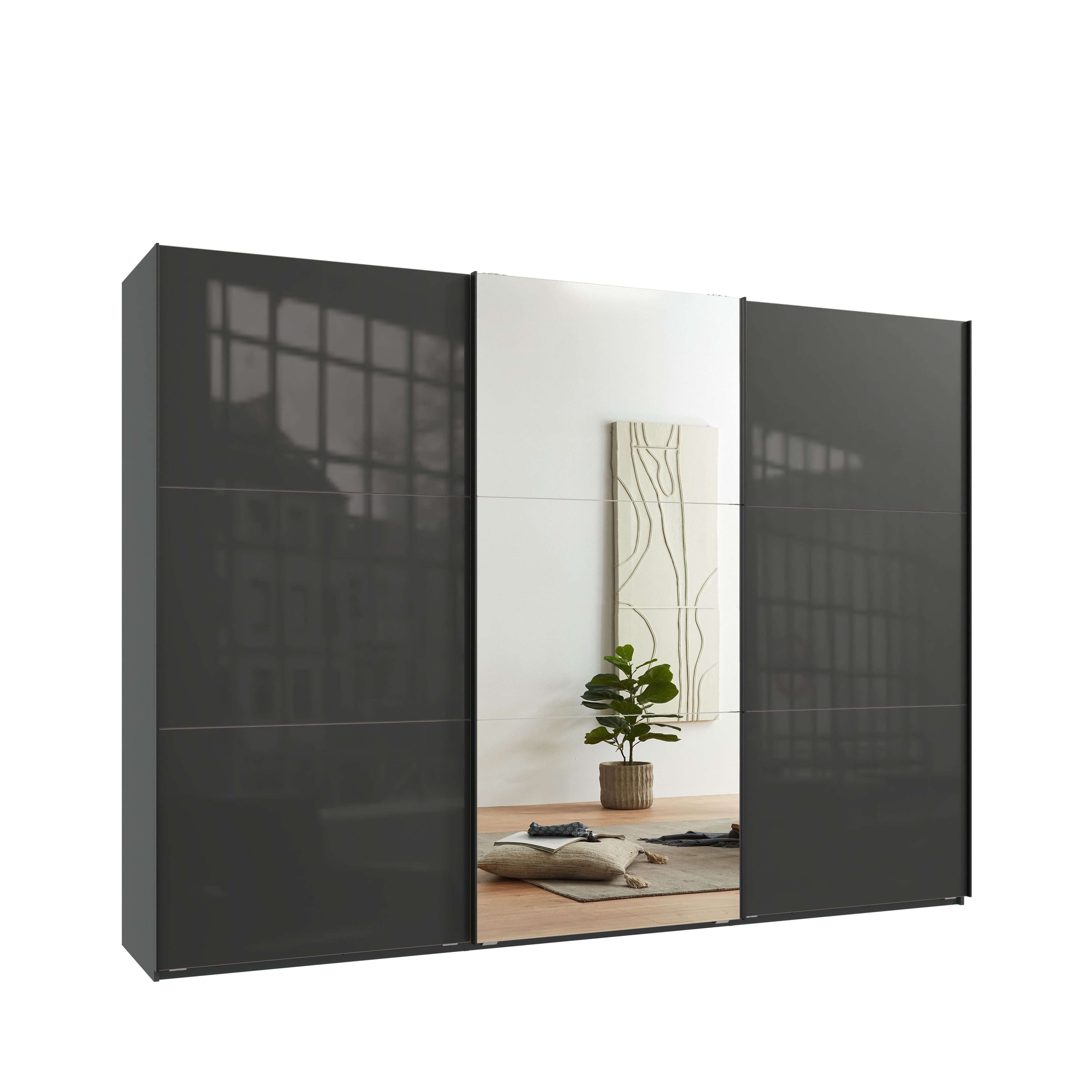 luma-home Schwebetürenschrank 22041 (3-türiger Kleiderschrank B300/H216/T65 cm mit Vollausstattung als optimale Stauraumlösung) Anthrazit mit Glasfront, Spiegeltür und schwarzen Griffleisten