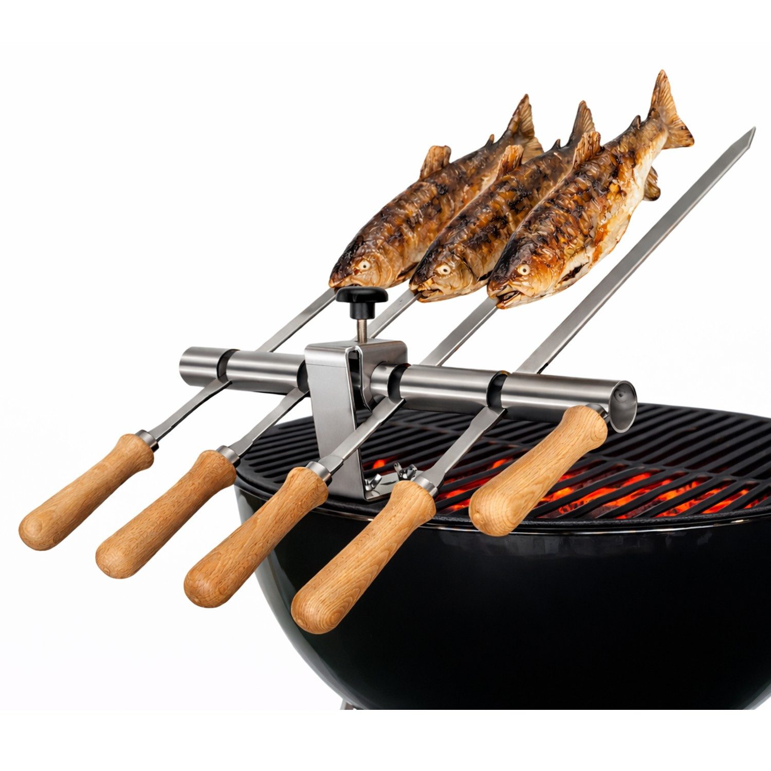 Schilling Fischgrilltechnik Grillguthalter Gasgrill Holzkohlegrill Edelstahlspieße große Roste für Steckerlfisch, Edelstahl & Buche, (Komplettset, Halterung, Spieße, Schrauben, Griffe, Anleitung + Probegewürz), Stabiler Grillrost Steckerlfischhalter - traditionelles Fischgrillen