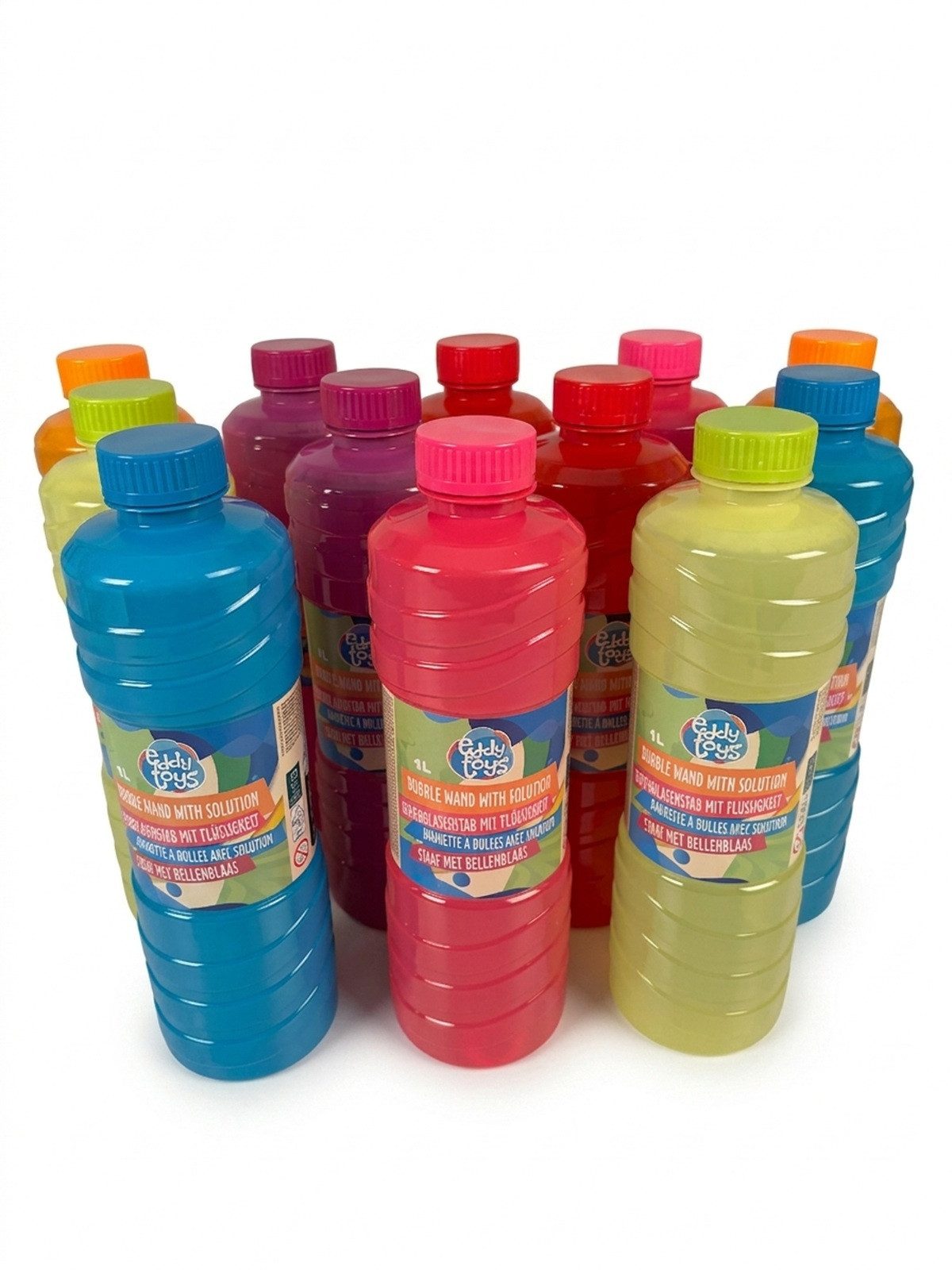 Eddy Toys Seifenblasenspielzeug 12x Flaschen je 1 Liter, Seifenblasenflüssigkeit mit Seifenblasenstab, 12x 1 Liter Seifenblasen Nachfüllflaschen mit Seifenblasenstab