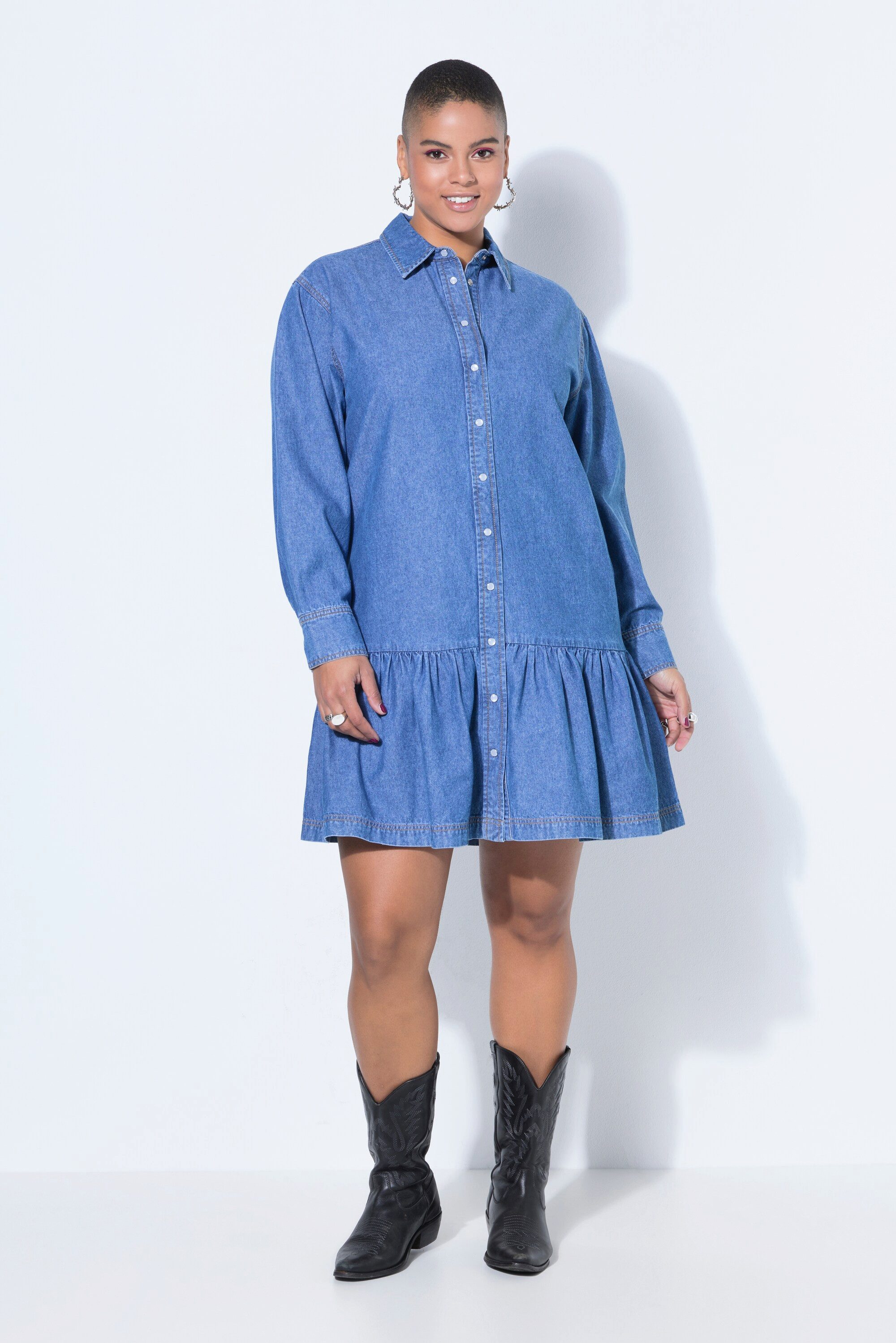 Studio Untold Jerseykleid Jeanskleid oversized Saumvolant weiter Langarm