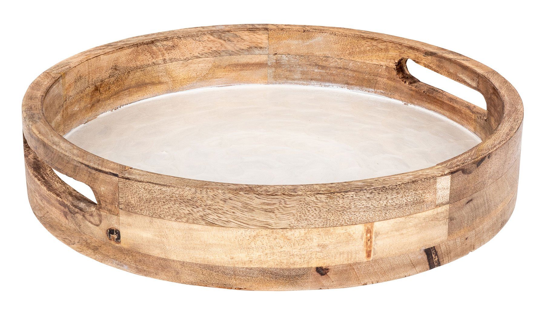 Holz Emaille Rund Creme Perlmutt Mango Ablage Dekotablett, Tablett 35cm Levandeo®