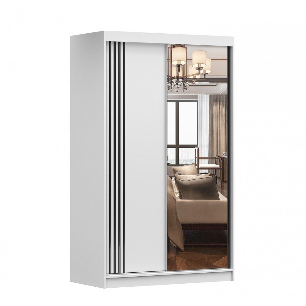 MOEBLO Kleiderschrank NOAH 07 (BxHxT): Schlafzimmer-Wohnzimmerschrank Schrank Modern Design), mit vielen (mit cm und Einlegeböden 120x200x61 Gaderobe Schiebtüren Kleiderstange, 2-türig Spiegel Weiß Schwebetürenschrank
