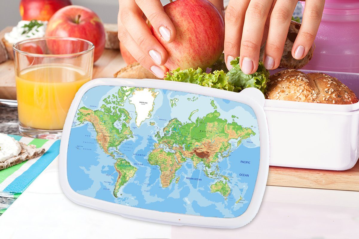 MuchoWow Lunchbox Weltkarte - Kinder Kunststoff, Brotdose, für Junge Mädchen, (2-tlg), - für - und Erwachsene, - und Brotbox Mädchen Kinder Jungs Topographie weiß - Atlas