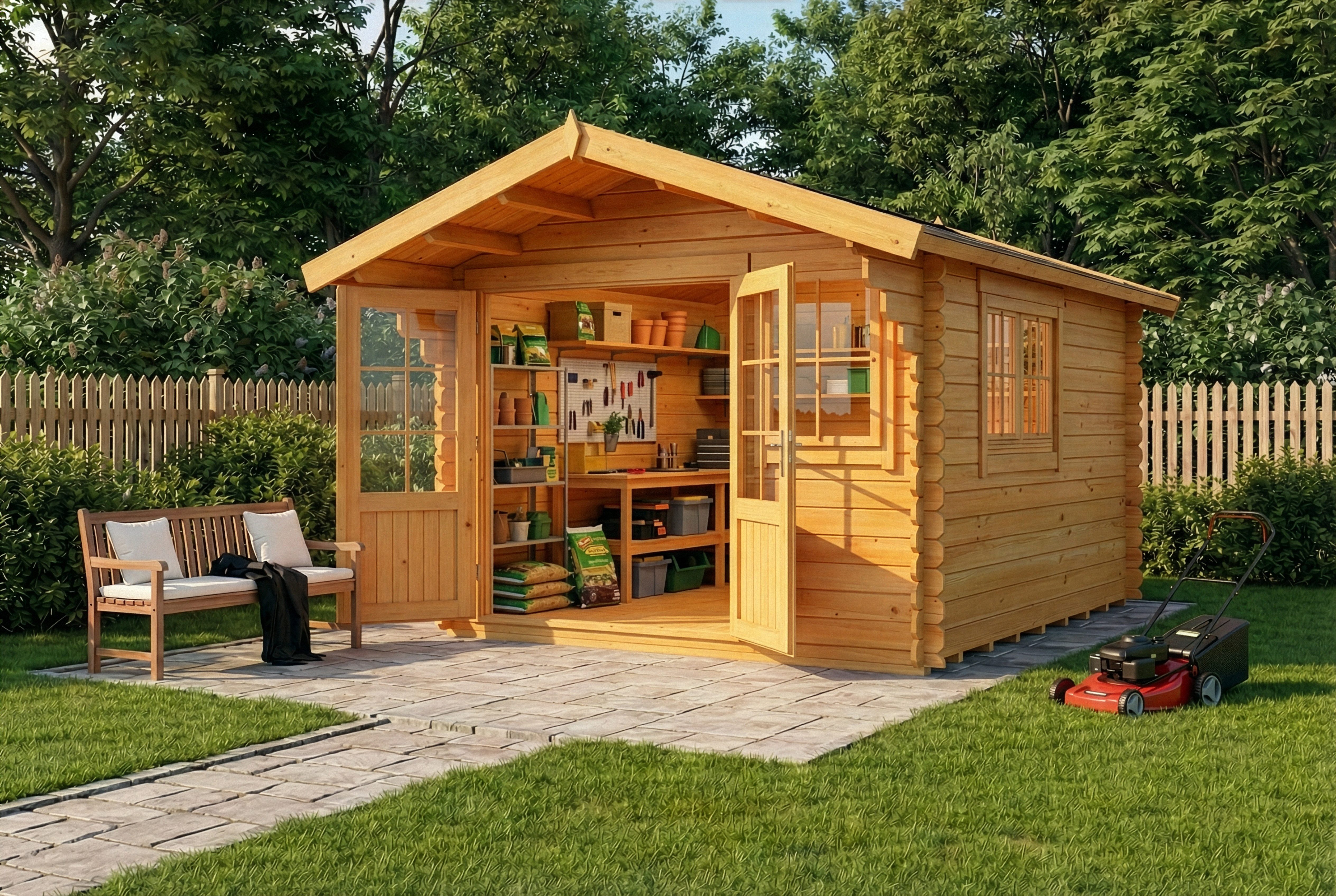 Alpholz Gartenhaus Holz Gabriel 300 x 400 cm, BxT: 338x467 cm, in Imprägniert (Pinie) Inkl. Fußboden mit 34mm Wandstärke