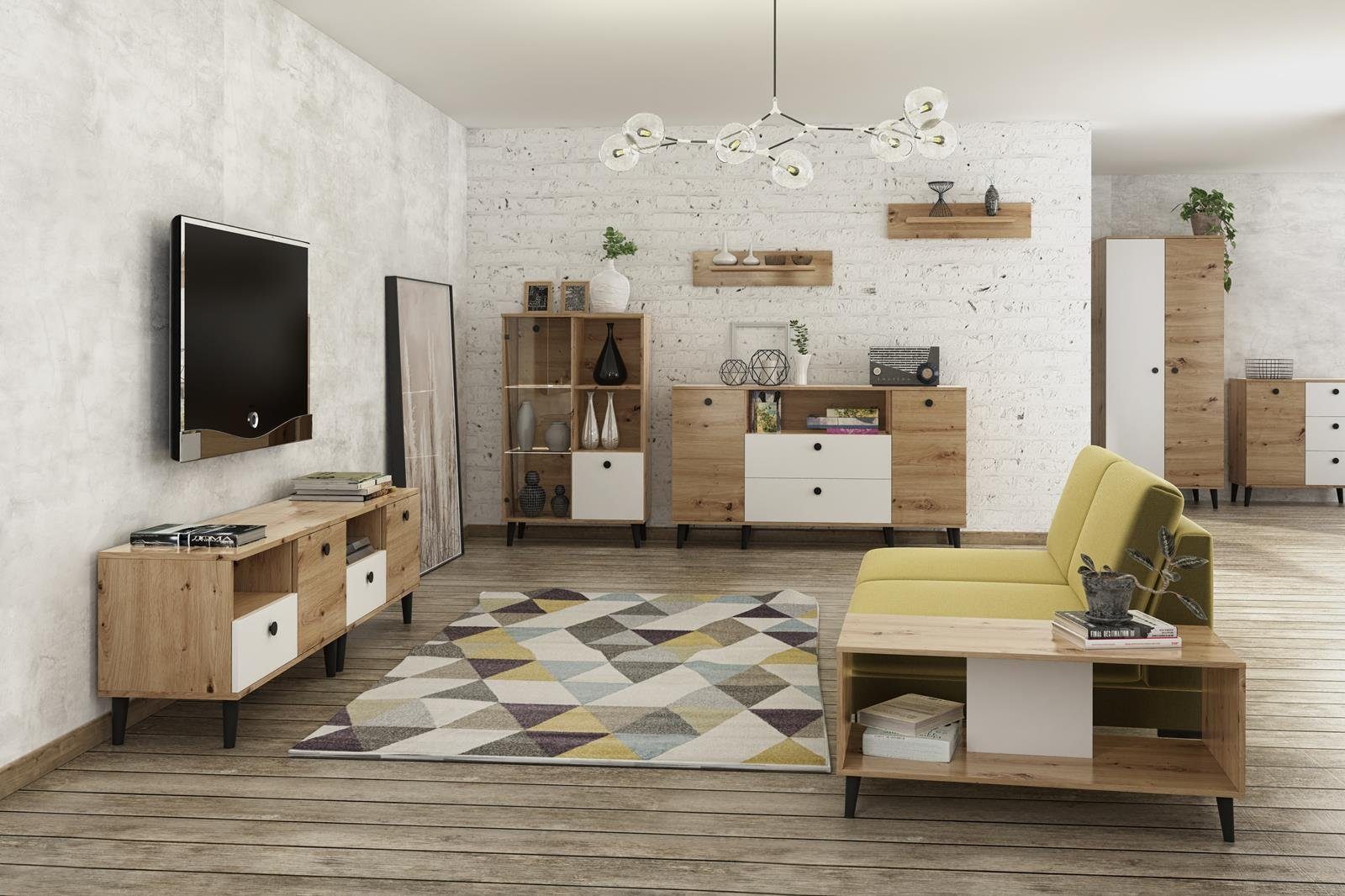 Holzbeine, Wohnzimmer loft weiße Sideboard, 3x Stil Beautysofa Kommode C1, Schubladen, schwarzer