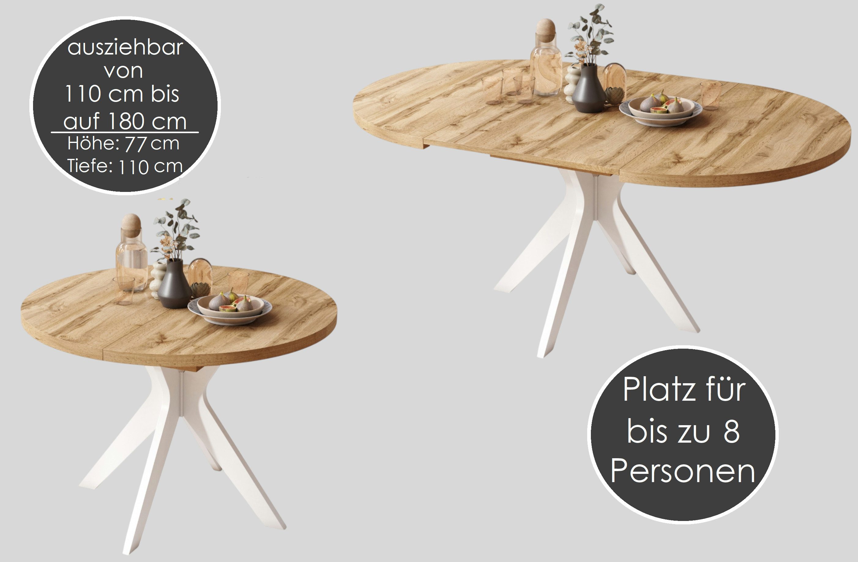 designimpex Esstisch Design Esstisch Renzo ausziehbar 110 bis 180 cm rund Esszimmer Tisch, Esstisch, Esszimmertisch, Tisch, Ausziehtisch, Küchentisch, Esszimmer