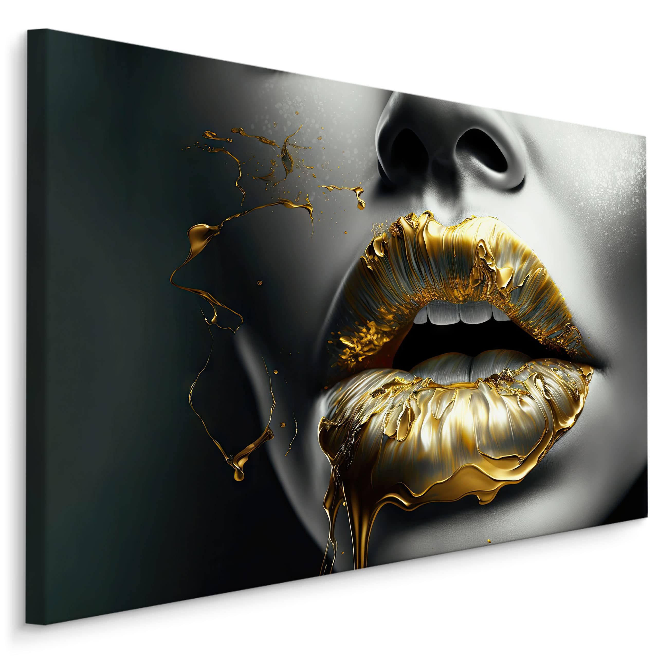 Muralo Leinwandbild Menschen – Leinwandbild Wandbild Kunstdruck Wohnzimmer, Frau (1 St), Goldene Lippen – Mund – Silber, 30 x 20 cm, aufhängefertig