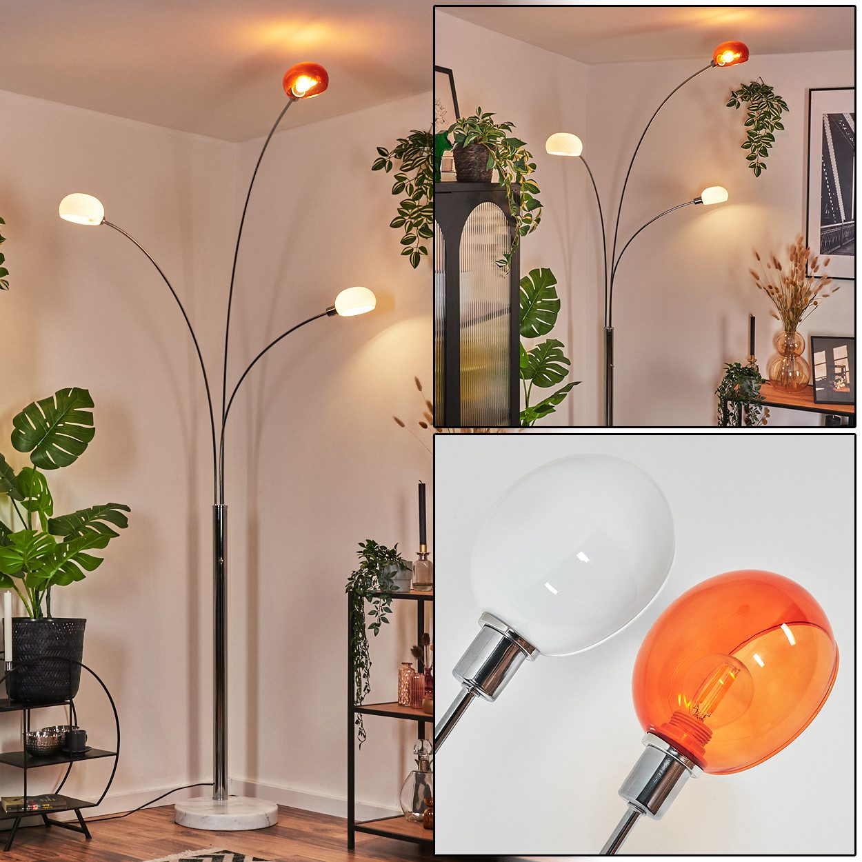 hofstein Stehlampe Stehlampe aus Metall in Weiß/Chromfarben/Orange, Retro/Vintage-Design, ohne Leuchtmittel, Stehleuchte verstellbar mit Marmorfuß und Schalter am Gehäuse, E14