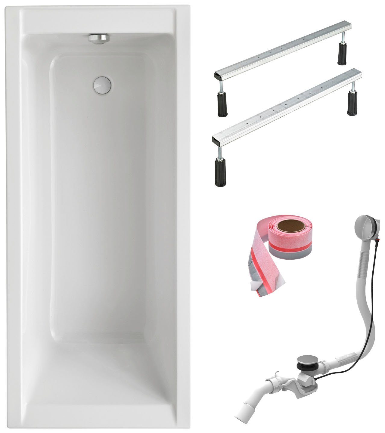 OTTOFOND Einbauwanne Körperformwanne, (Set, 4-tlg), 160x75 cm, mit Fußgestell, Ablaufgarnitur und Fugendichtband