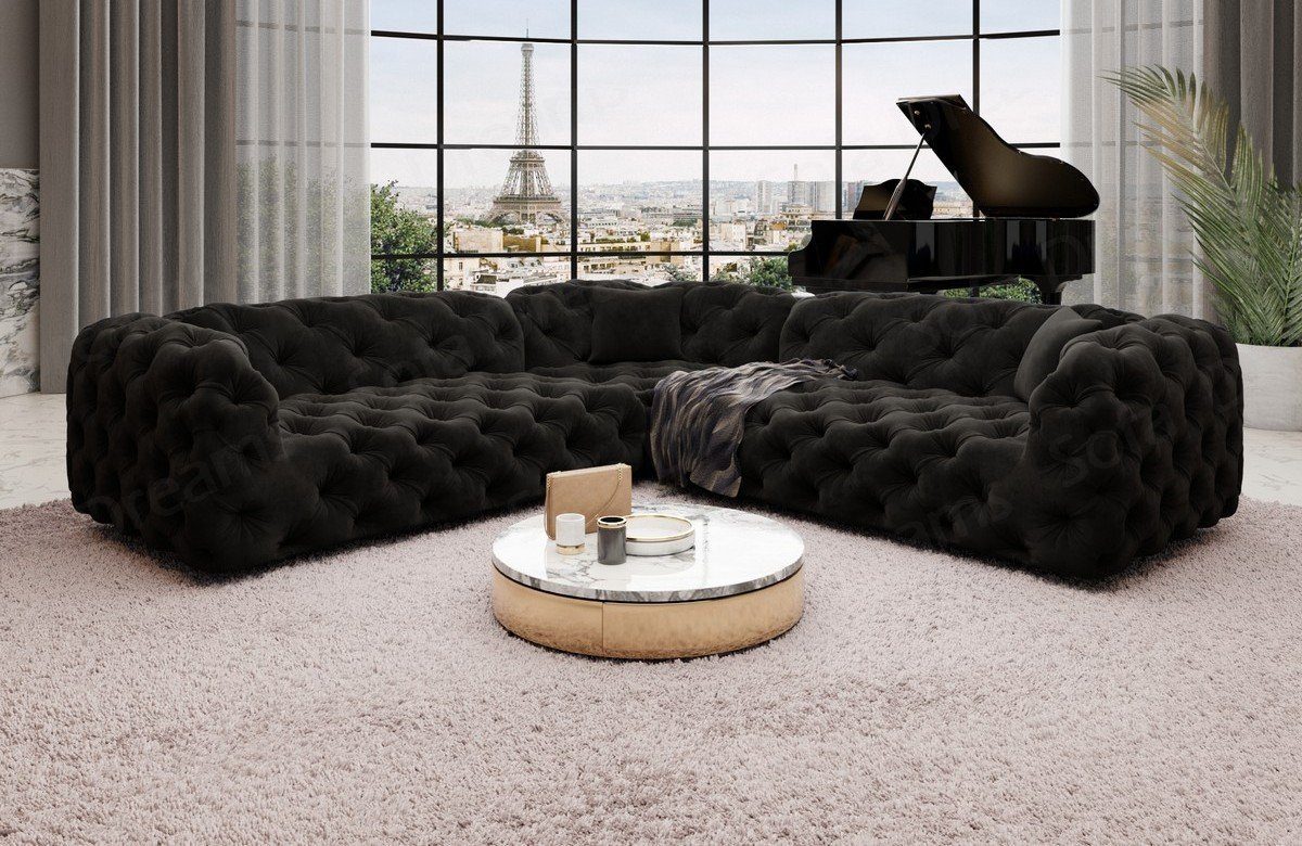 Sofa Dreams Ecksofa Samtstoff Stoff Luxus Sofa Lanzarote L Form Stoffsofa, Couch im Chesterfield Stil schwarz95