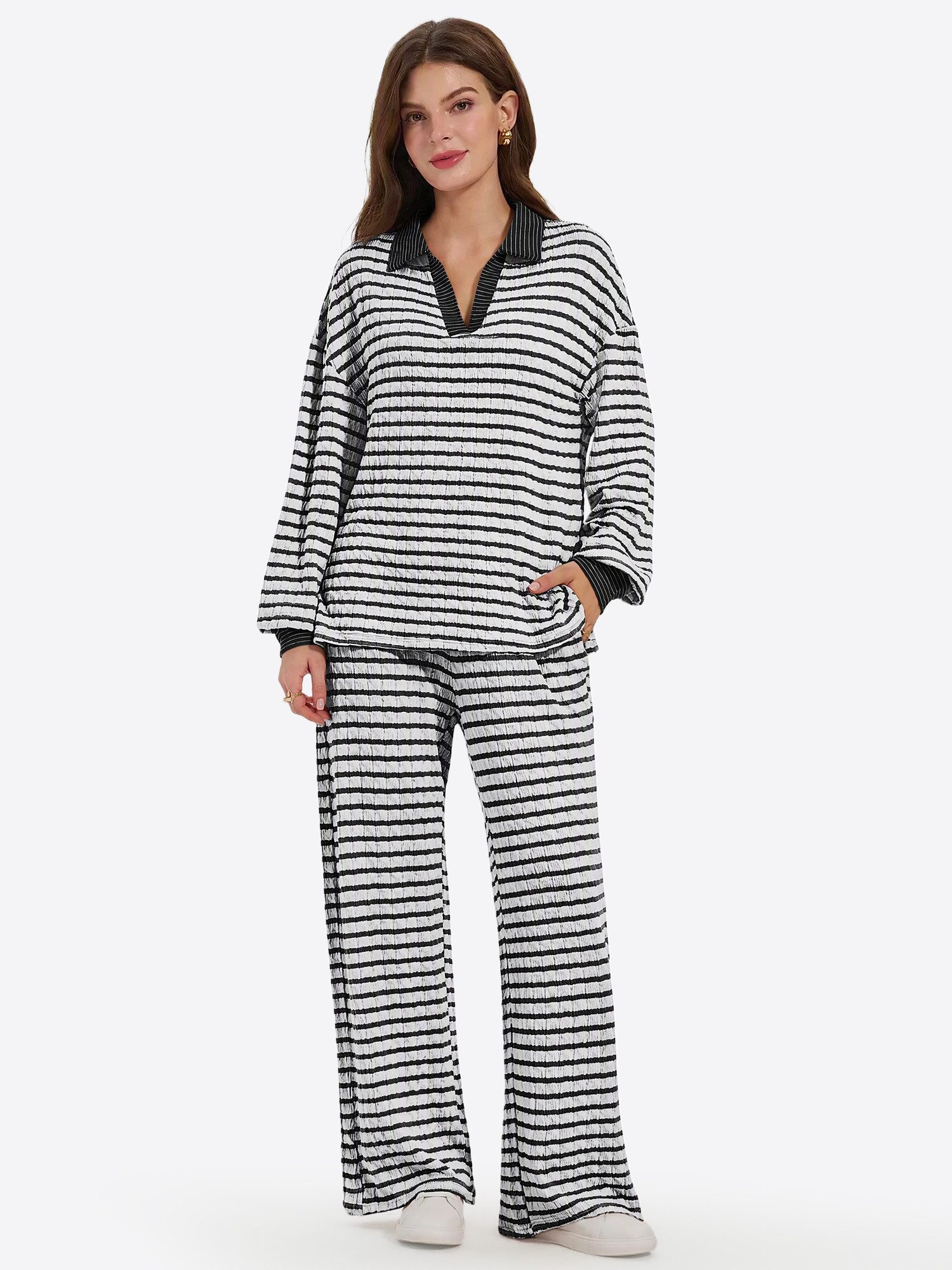 Imily Bela Hausanzug Damen Gestreiftes Zweiteiliges Set (Set, 2 tlg., Lockeres Oberteil und weite Hose) mit Polokragen