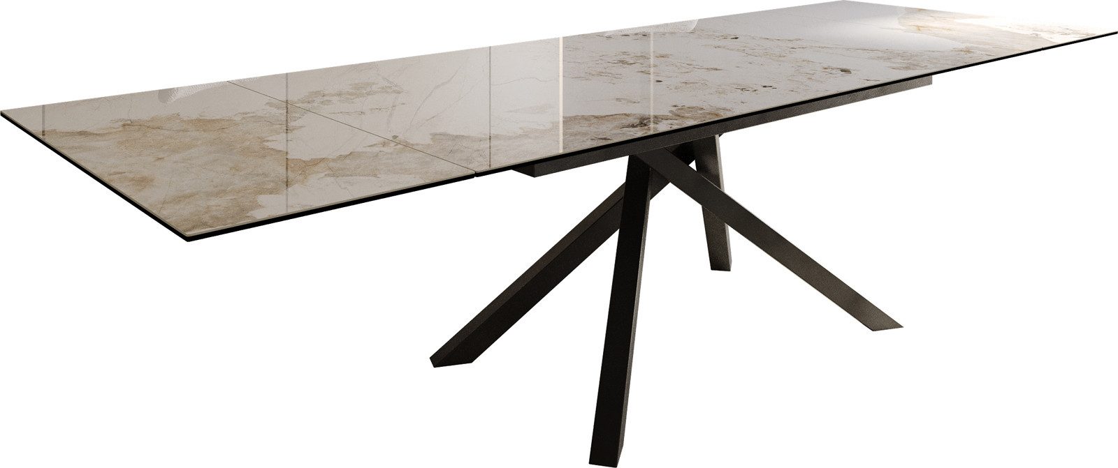 DELIFE Esstisch Edge, Keramik Minas Melange Weiß-Beige 200-300x100 Kreuzgestell Rechteck Sch
