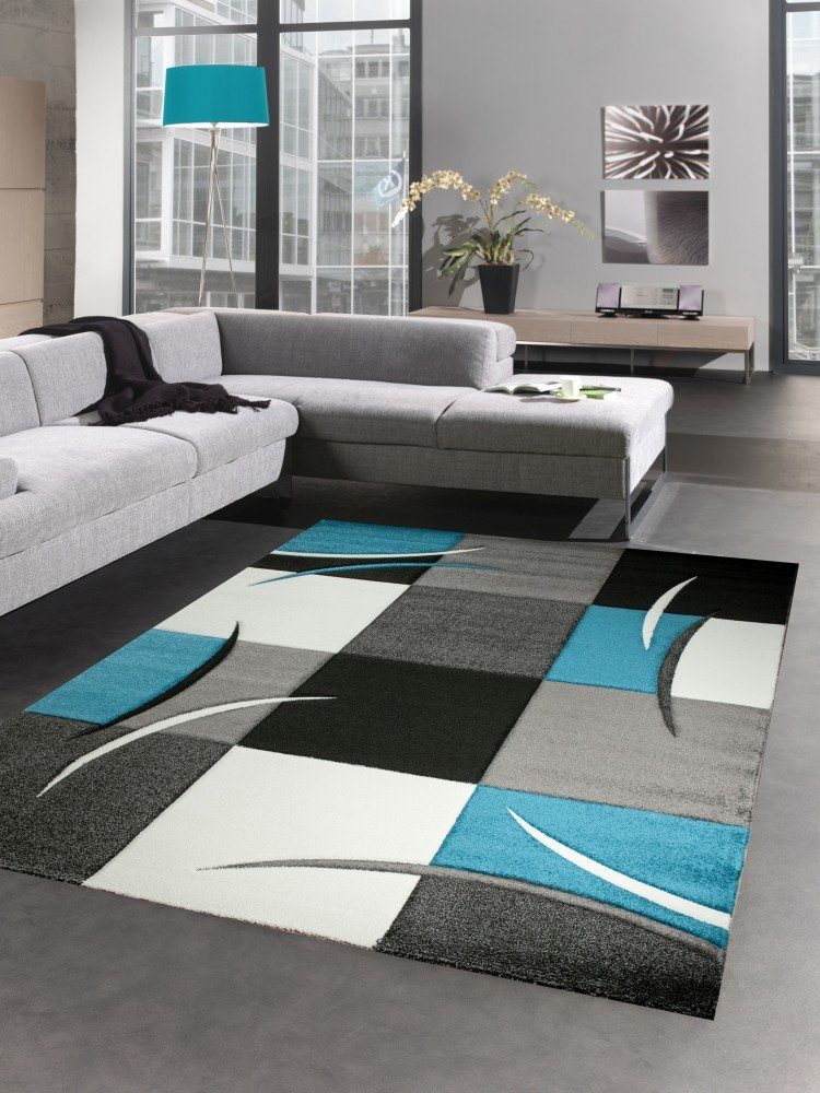 Teppich Designer Teppich Wohnzimmerteppich karo türkis grau creme schwarz, Carpetia, rechteckig, Höhe: 13 mm