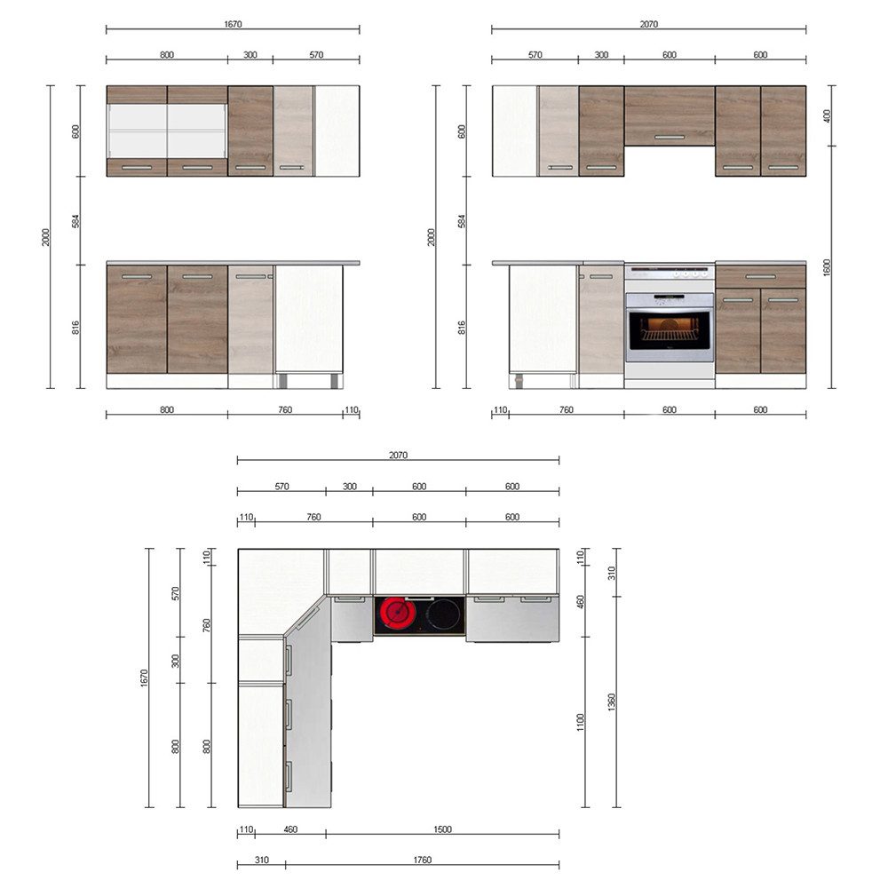 Vicco Rick corner kitchen, white/Sonoma, 207 x 167 cm, marble worktop