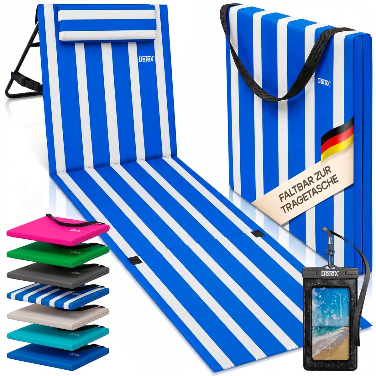 Detex Gartenliege, Strandmatte Gepolstert mit Rückenlehne Strandliege Klappbar Tragbar