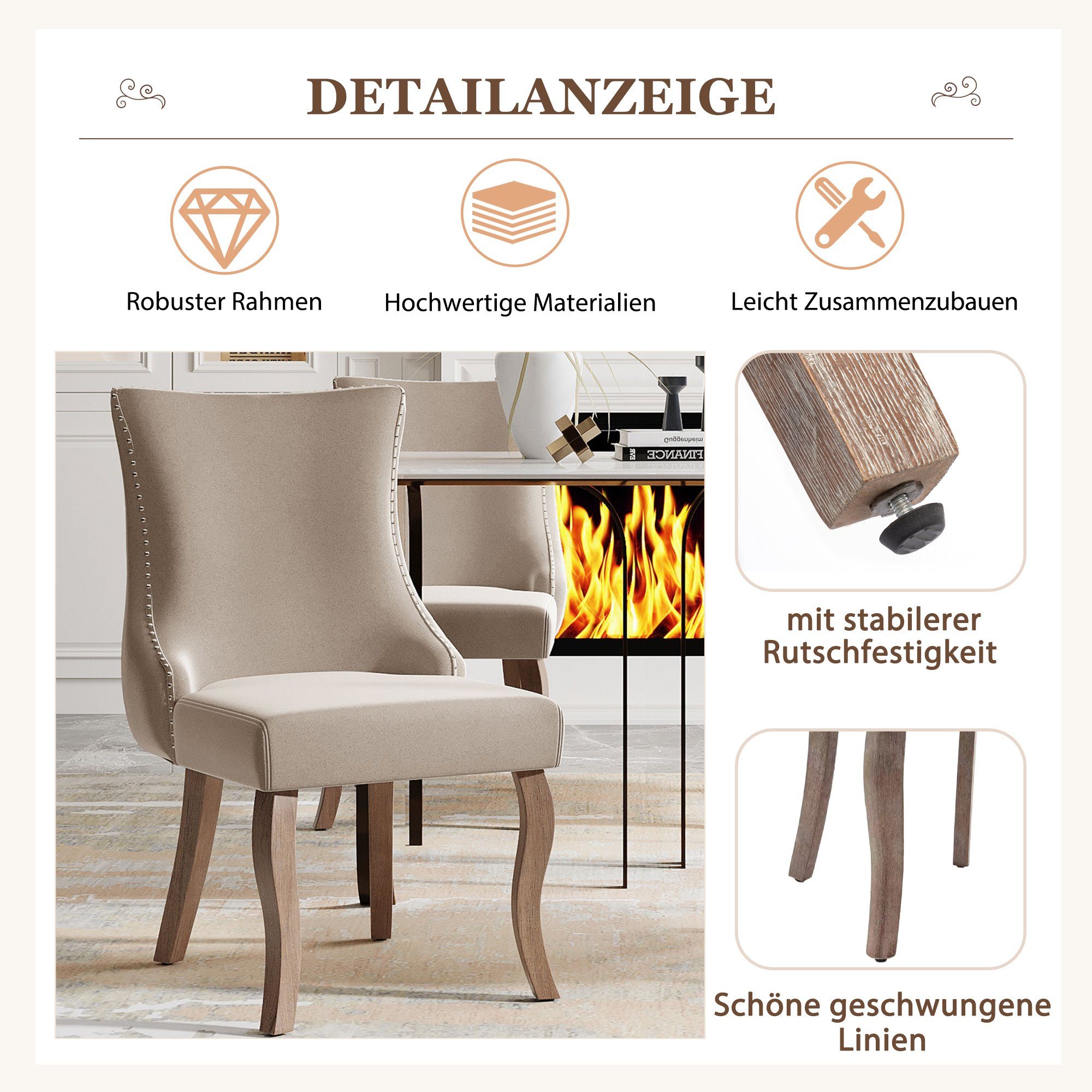 Massivholzstuhl Samt ohne Esszimmerstühle, Stuhl Polsterstuhl Küchenstühle 2 Beige OKWISH St) Wohnzimmerstuhl nur Esszimmerstuhl Esstisch, Design-Stuhl, Set Stühle (Massivholz,