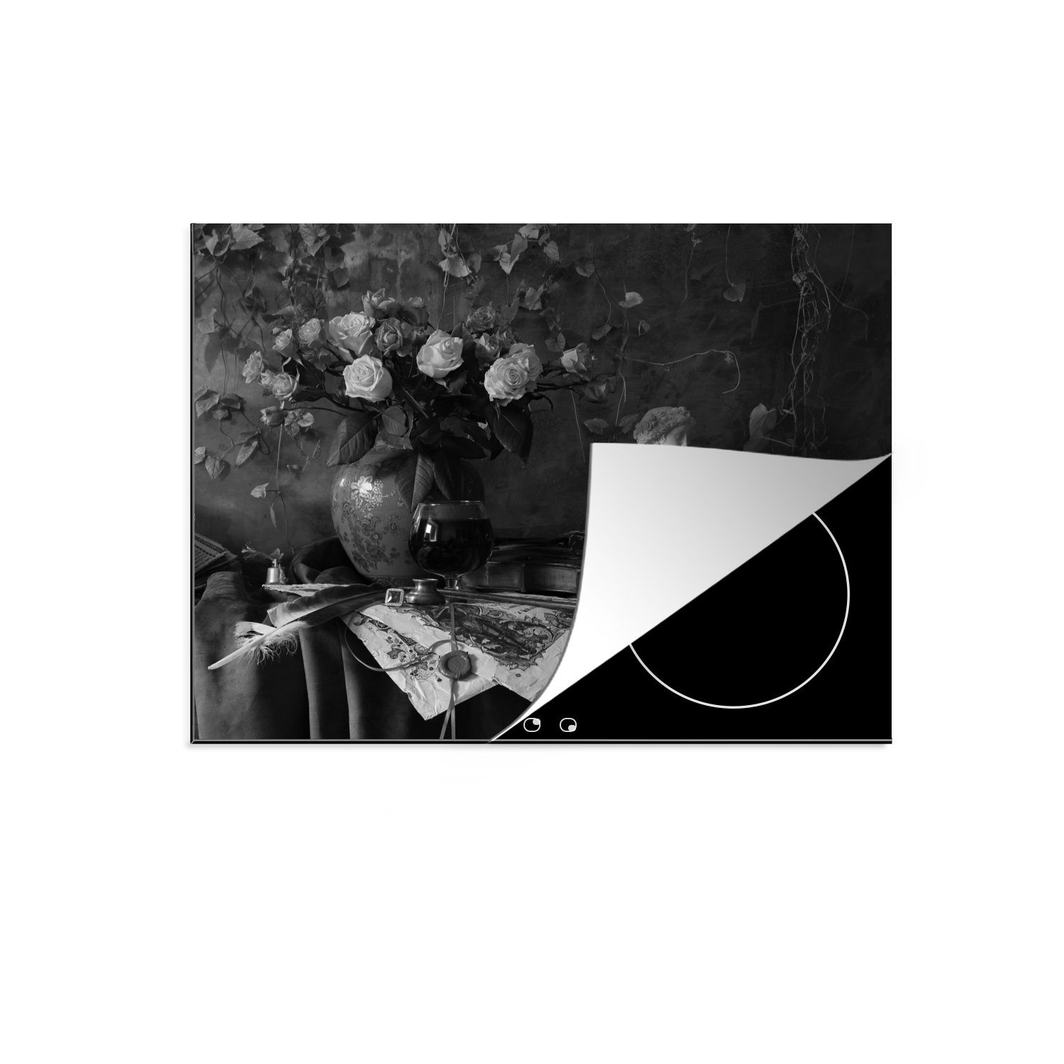 Induktionskochfeld Weiß, 71x52 Stilleben die (1 für tlg), küche, - Herdblende-/Abdeckplatte cm, Schwarz MuchoWow Geige - Vinyl, Ceranfeldabdeckung Schutz -