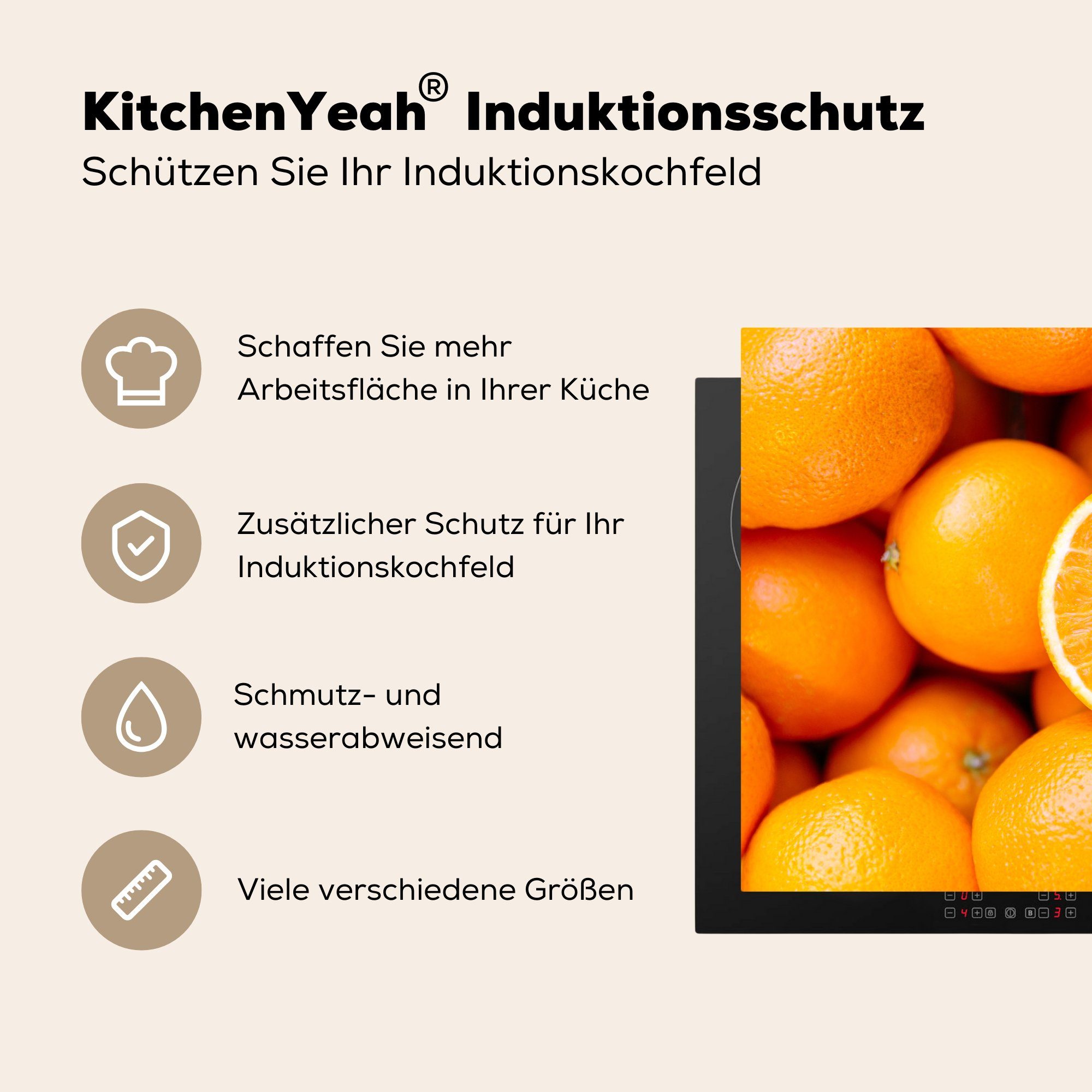 Induktionskochfeld Orange, (1 81x52 Herdblende-/Abdeckplatte küche, tlg), die Ceranfeldabdeckung Vinyl, für cm, Schutz - MuchoWow Obst