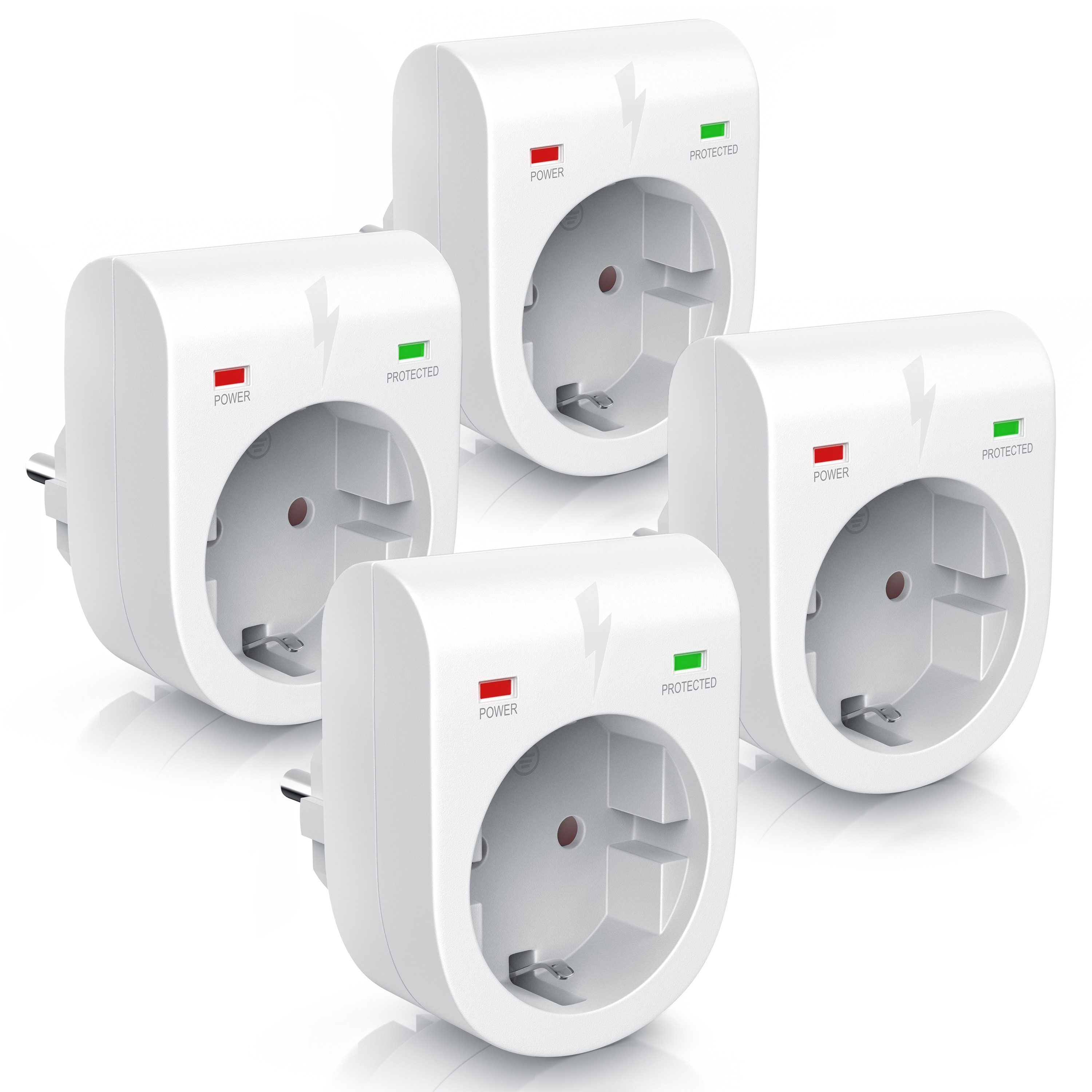Arendo Steckdose Schuko Überspannungsschutzadapter, LED, Kindersicherung, 3500W, 4-St., IP20, integrierter Berührungsschutz, belastbar bis 16 A, LED-Anzeige