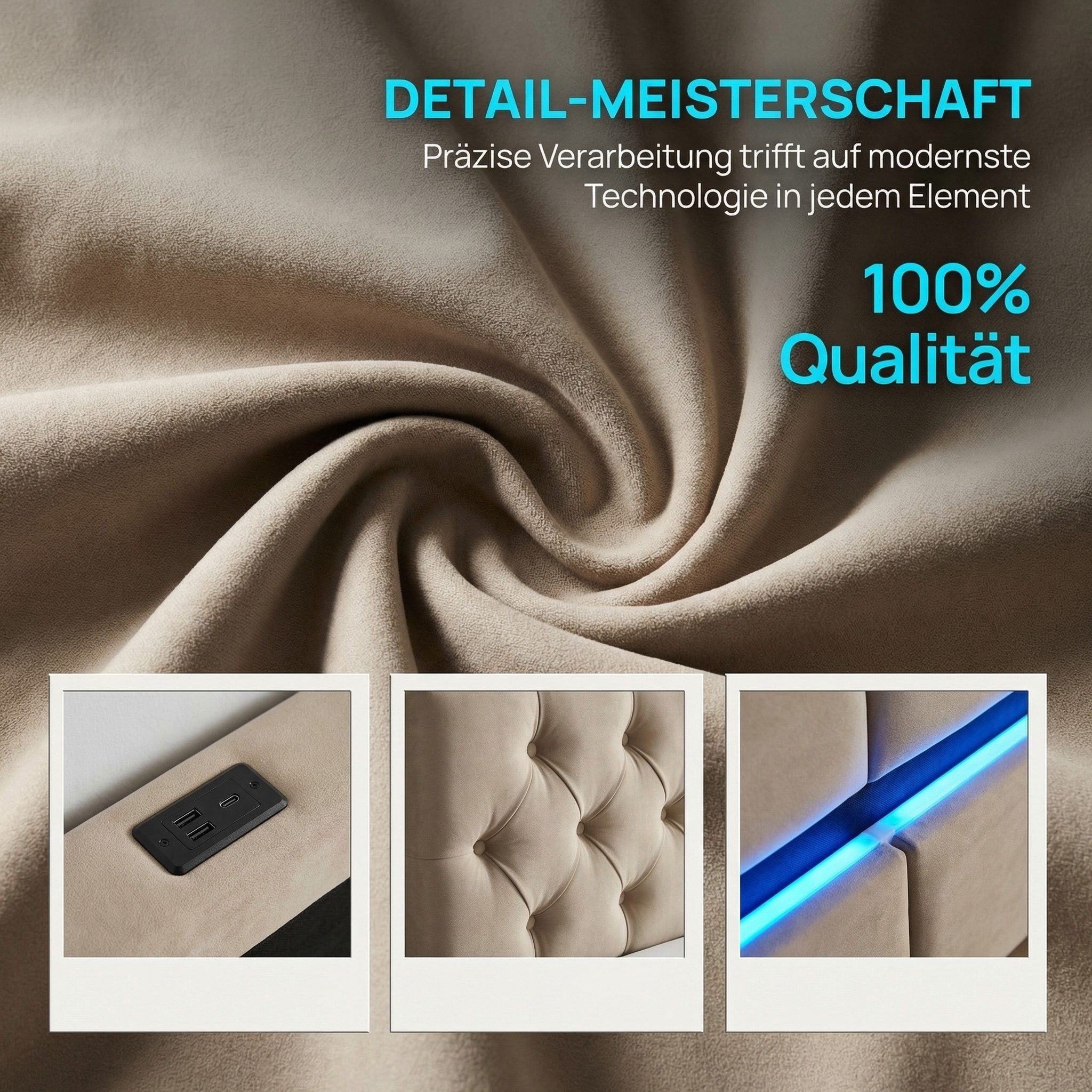 PXloue Polsterbett LED Doppelbett 140x200cm mit Ladefunktion und 4 Schubladen Polsterbett (Geeignet für Jugendliche und Erwachsene), Stauraumbett, mit RGB-LED,  – Bild 4 von 5