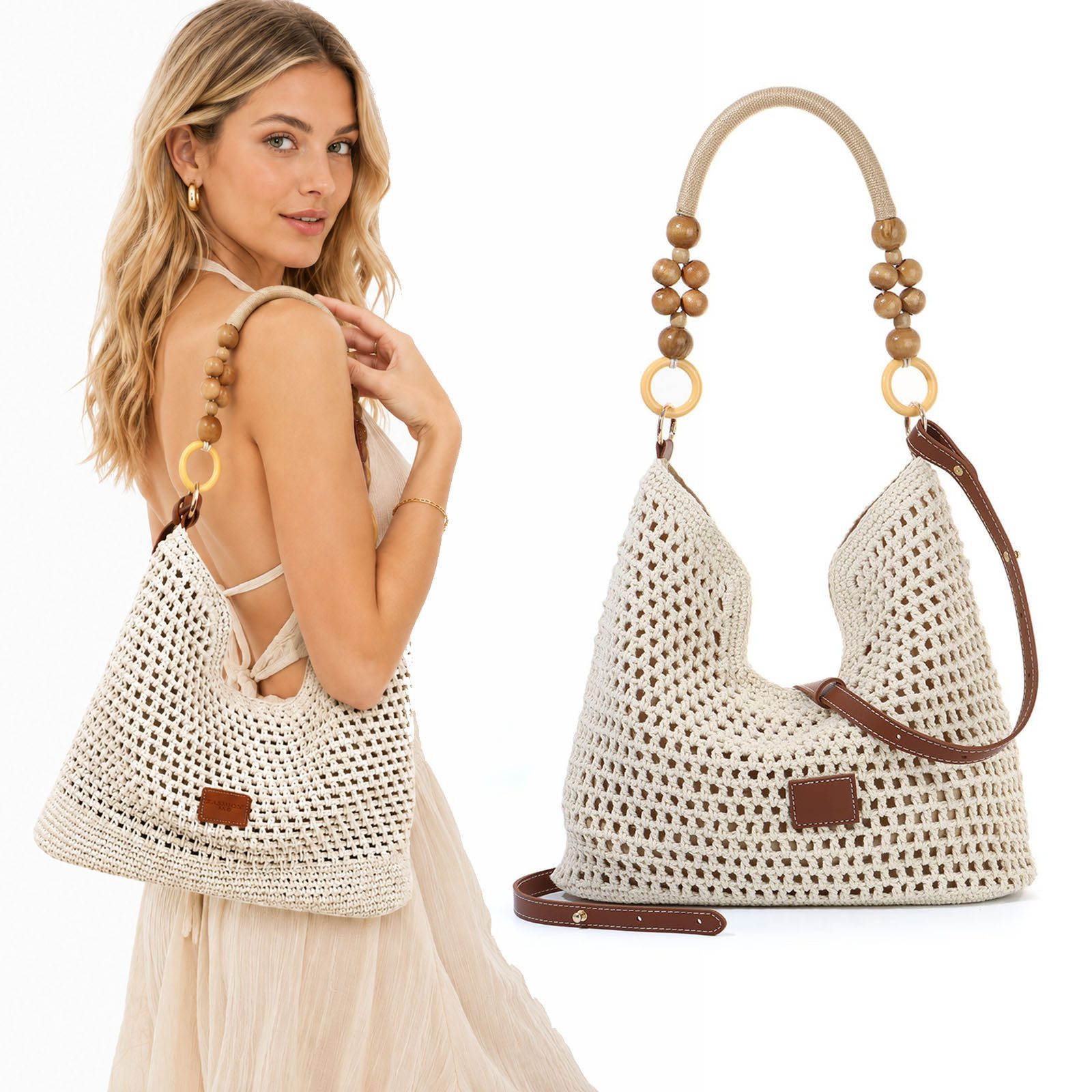MOPUEA Strandtasche Damen-Umhängetasche, gehäkelt,Boho Straw Beach Bag, Achselhöhle (mit 2 abnehmbaren Trägern, Sommer-Umhängetasche, 1-tlg., Tragegriff oben für Reisen, für Shopping, Dating, Urlaub, Strand), große Kapazität, geeignet zum Tragen größerer
