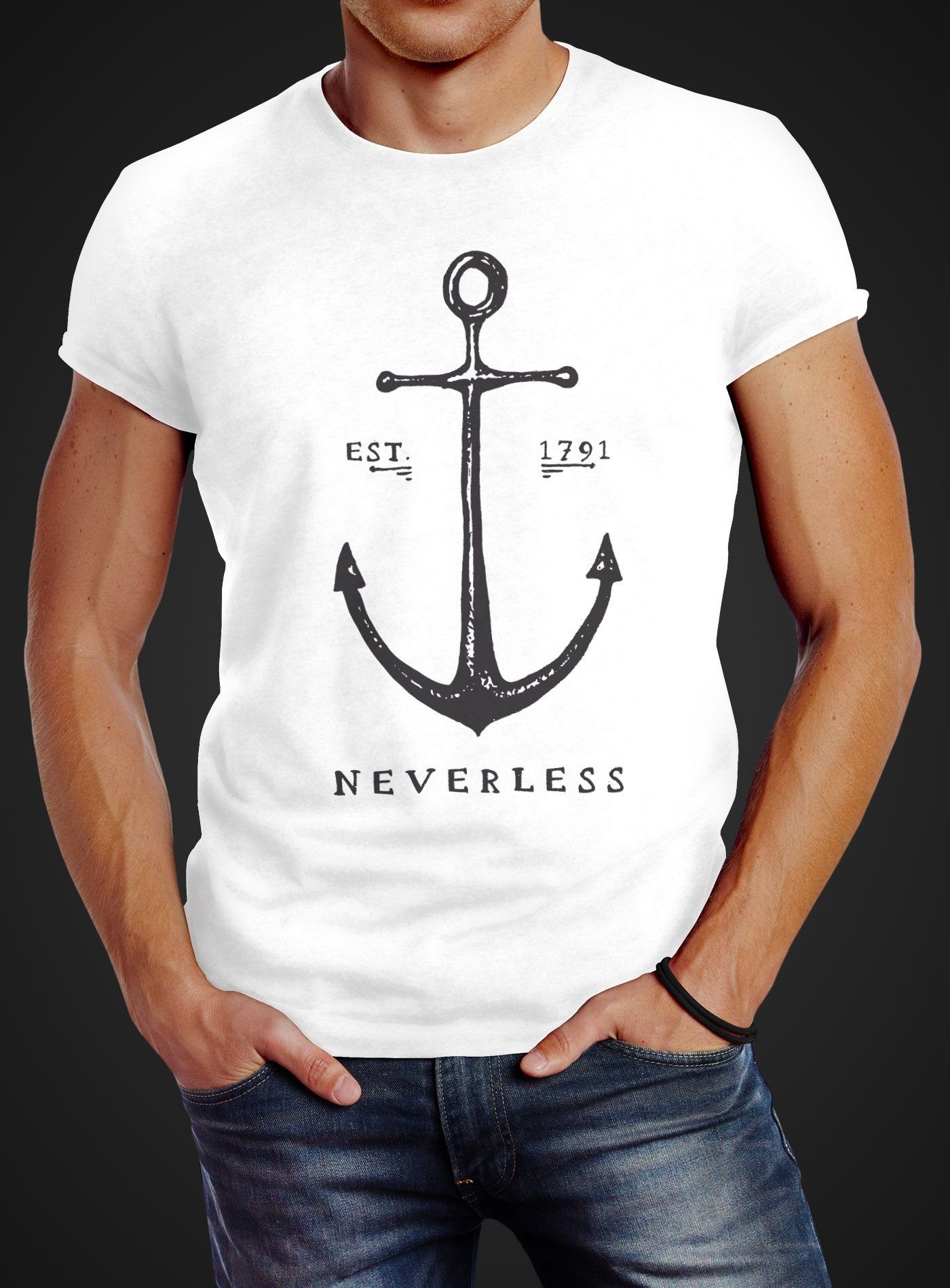 T-Shirt Neverless® Fit Print Herren Slim Anker mit Print-Shirt Neverless