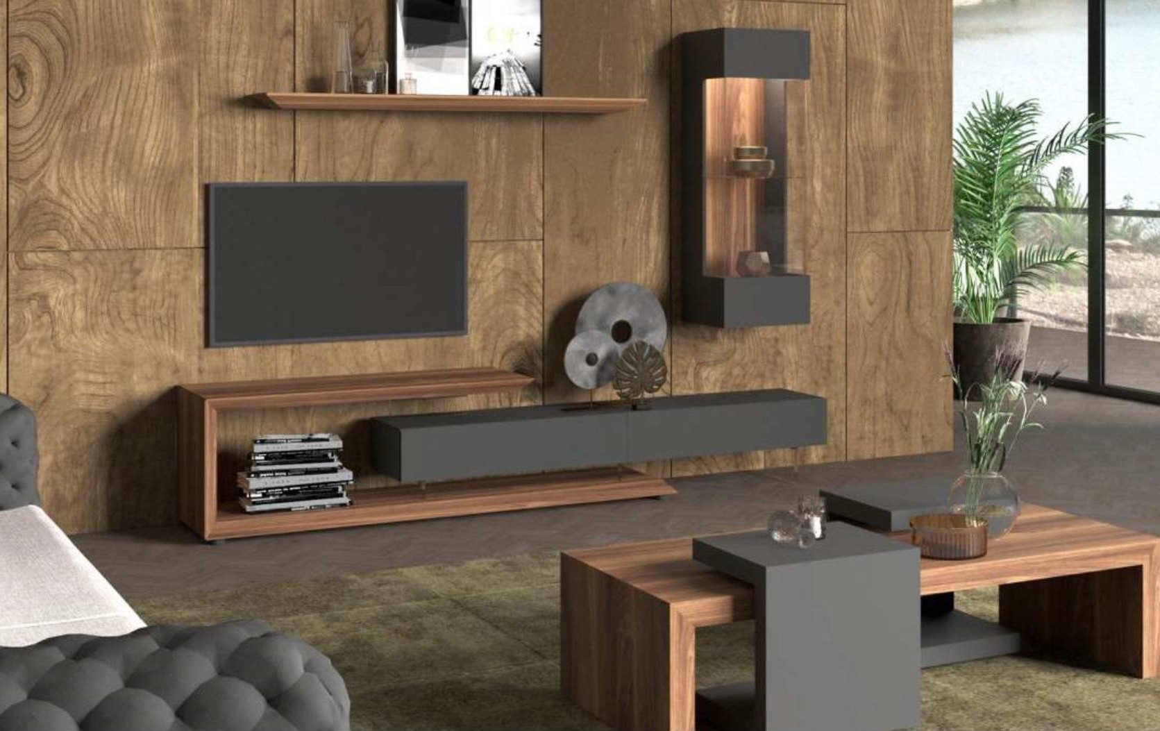 Xlmoebel Wohnwand Wandschrank Walnuss natur mit anthrazit mattem Finish, Made in Europa