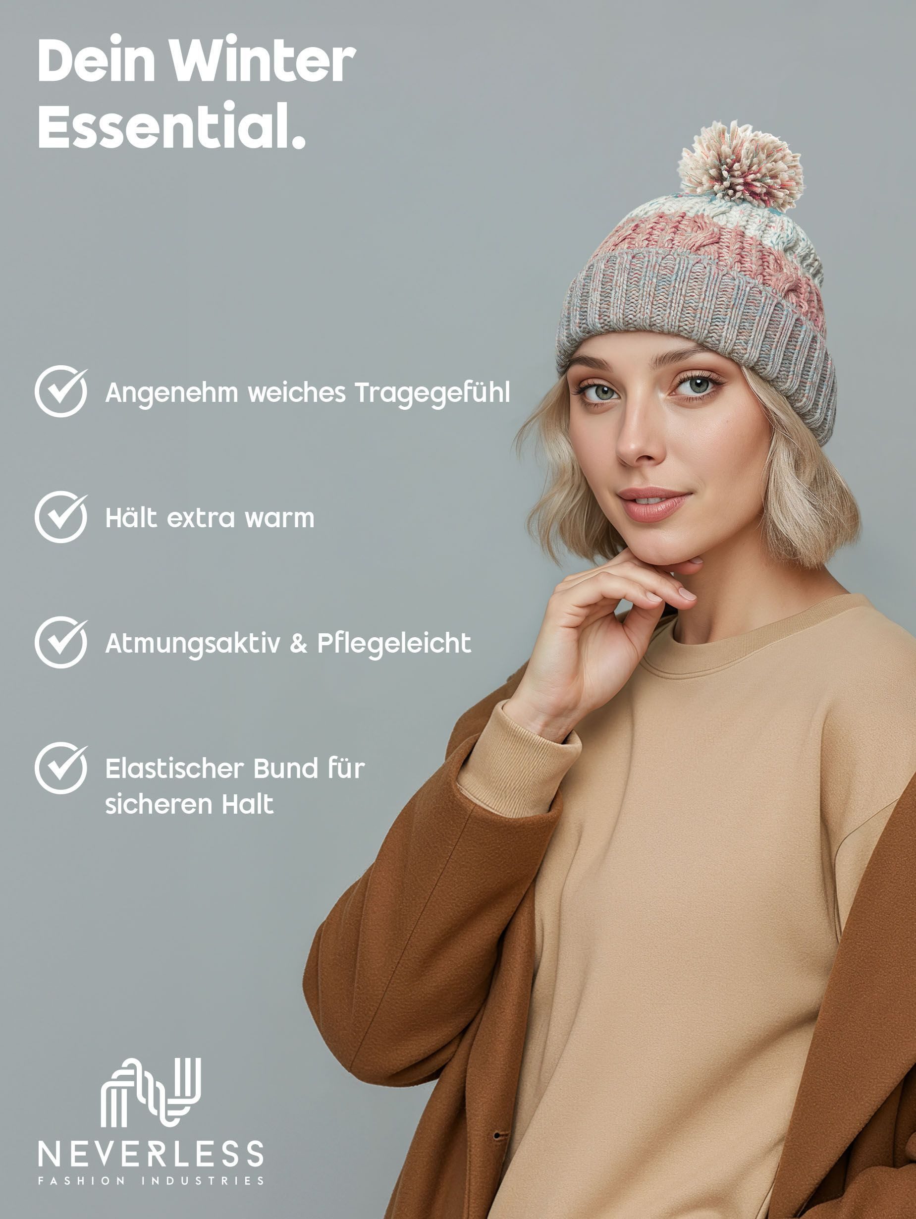 Neverless Strickmütze Damen Strickmütze Grobstrick Bunt Gemustert Fleecefutter Wintermütze