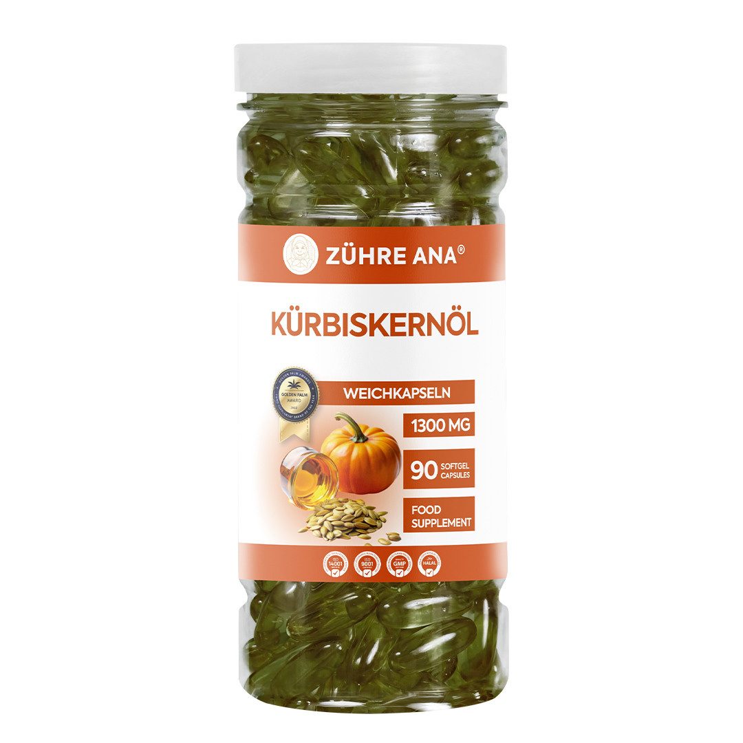 Zühre Ana® Kürbiskernöl - Natürliche, weiche Kapseln für die tägliche Gesundheit Kapseln, 90 St., 90 g, Kürbiskernöl Softgel – 90 Kapseln für tägliche Unterstützung 1300 Mg