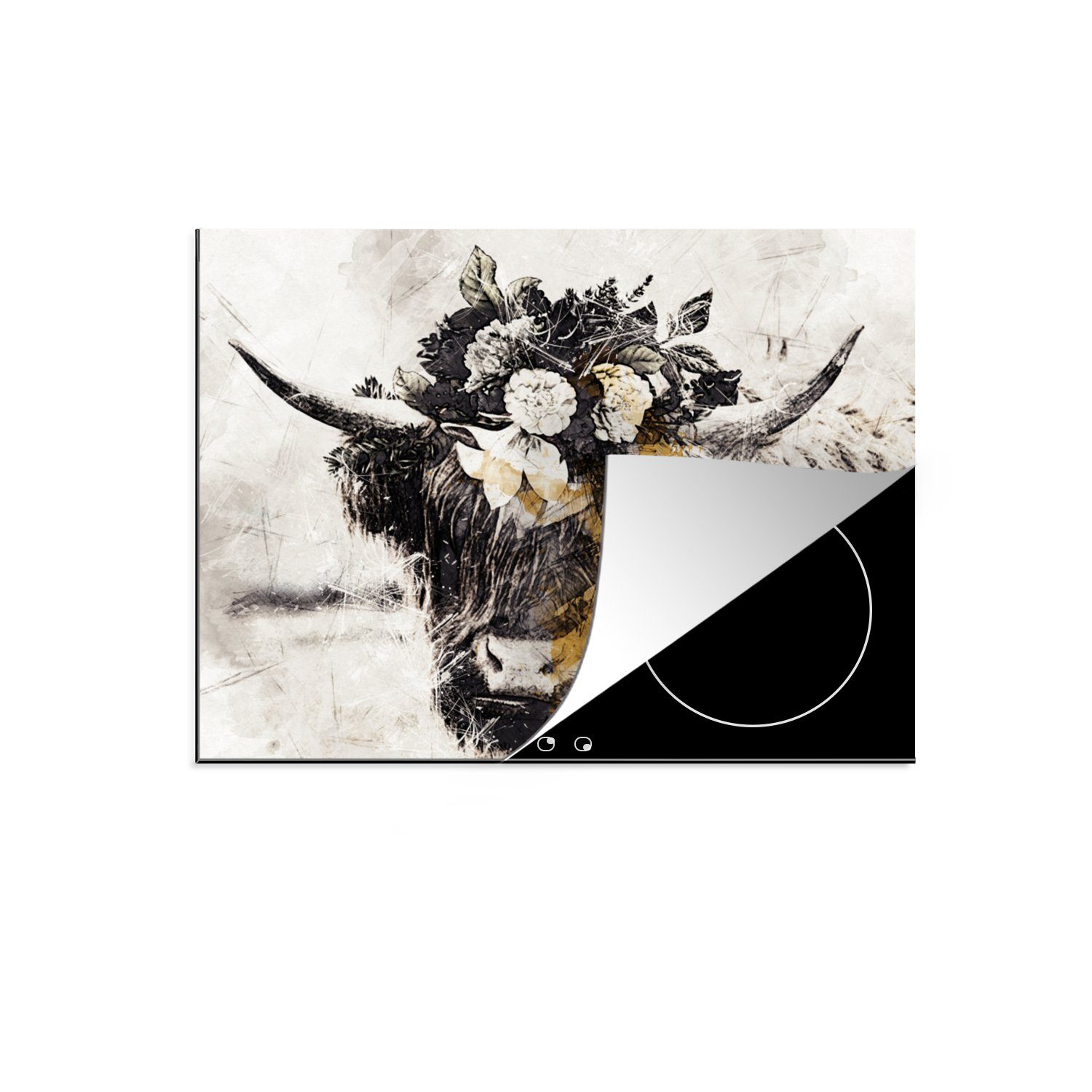 MuchoWow Herdblende-/Abdeckplatte Scottish Highlander - Farbe - Schwarz und Gold, Vinyl, (1 tlg), 71x52 cm, Induktionskochfeld Schutz für die küche, Ceranfeldabdeckung