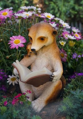 Kremers Schatzkiste Gartenfigur Solar Erdmännchen Mama liest Buch vor Figur Gartenfigur 20 cm