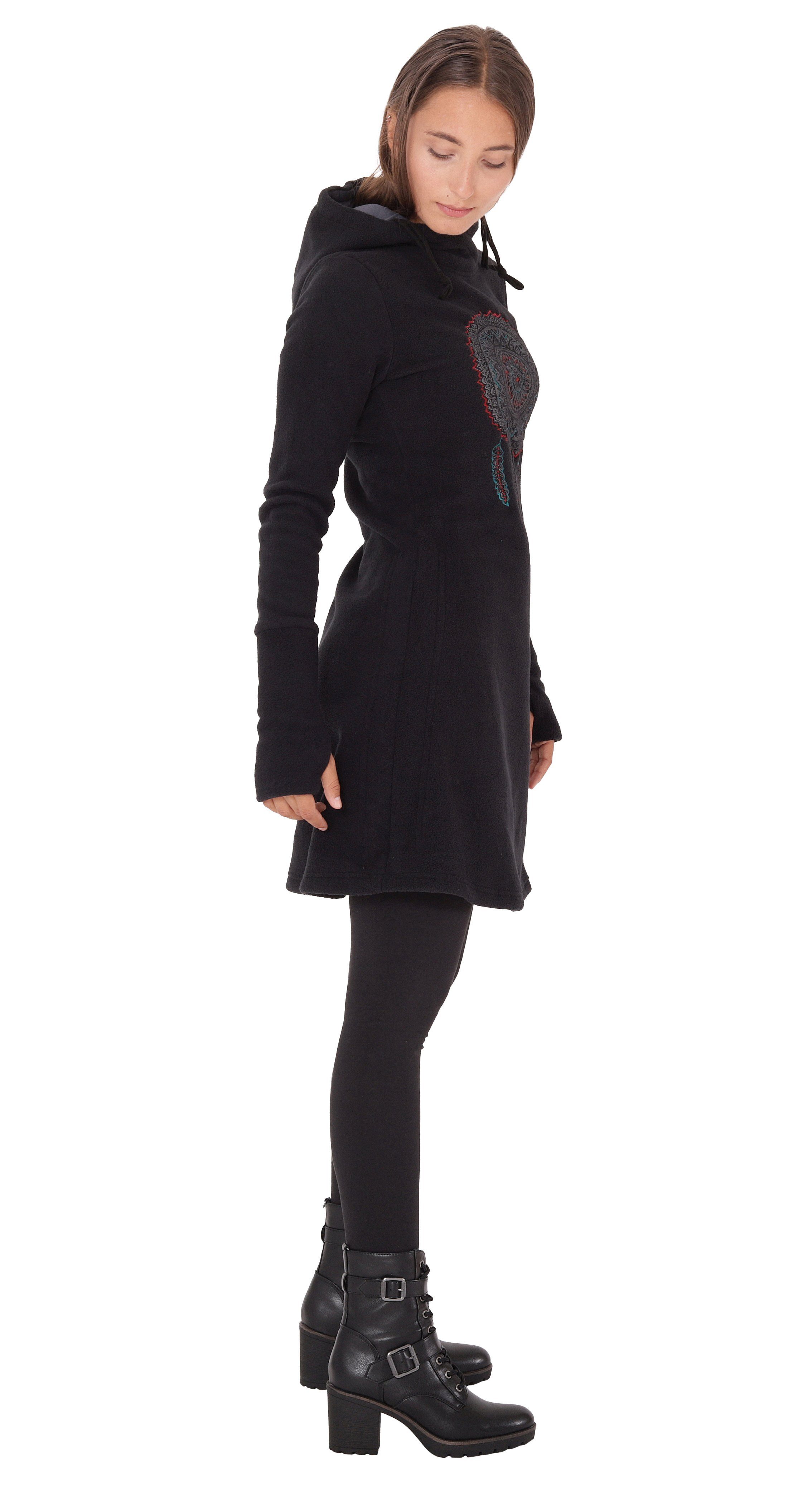 PUREWONDER A-Linien-Kleid Kapuzenkleid Traumfänger Schwarz dr31 Fleece Winterkleid mit