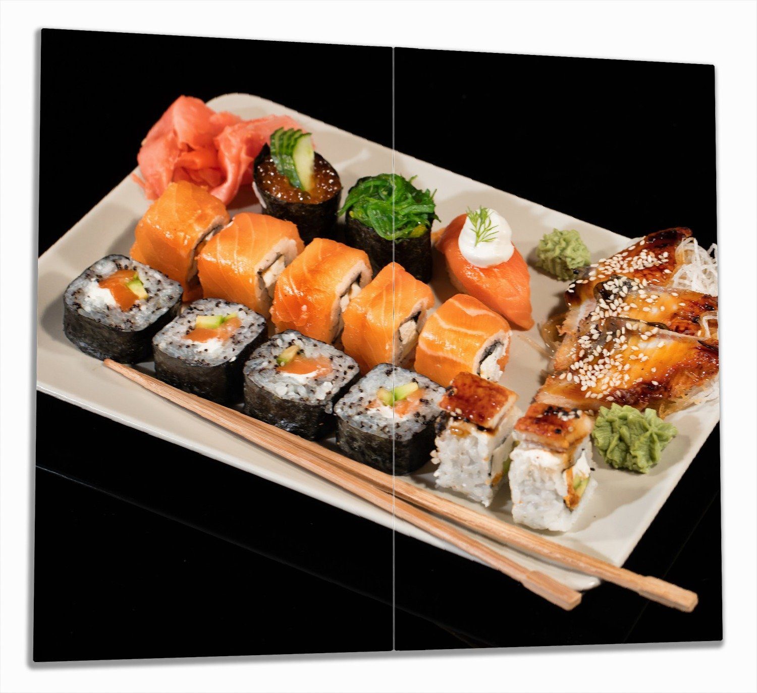 Wallario Herd-Abdeckplatte Sushi-Menü mit Inside-Out Sushi, Nigiri und Wasabi, ESG-Sicherheitsglas, (Glasplatte, 2 tlg., inkl. 5mm Noppen), verschiedene Größen