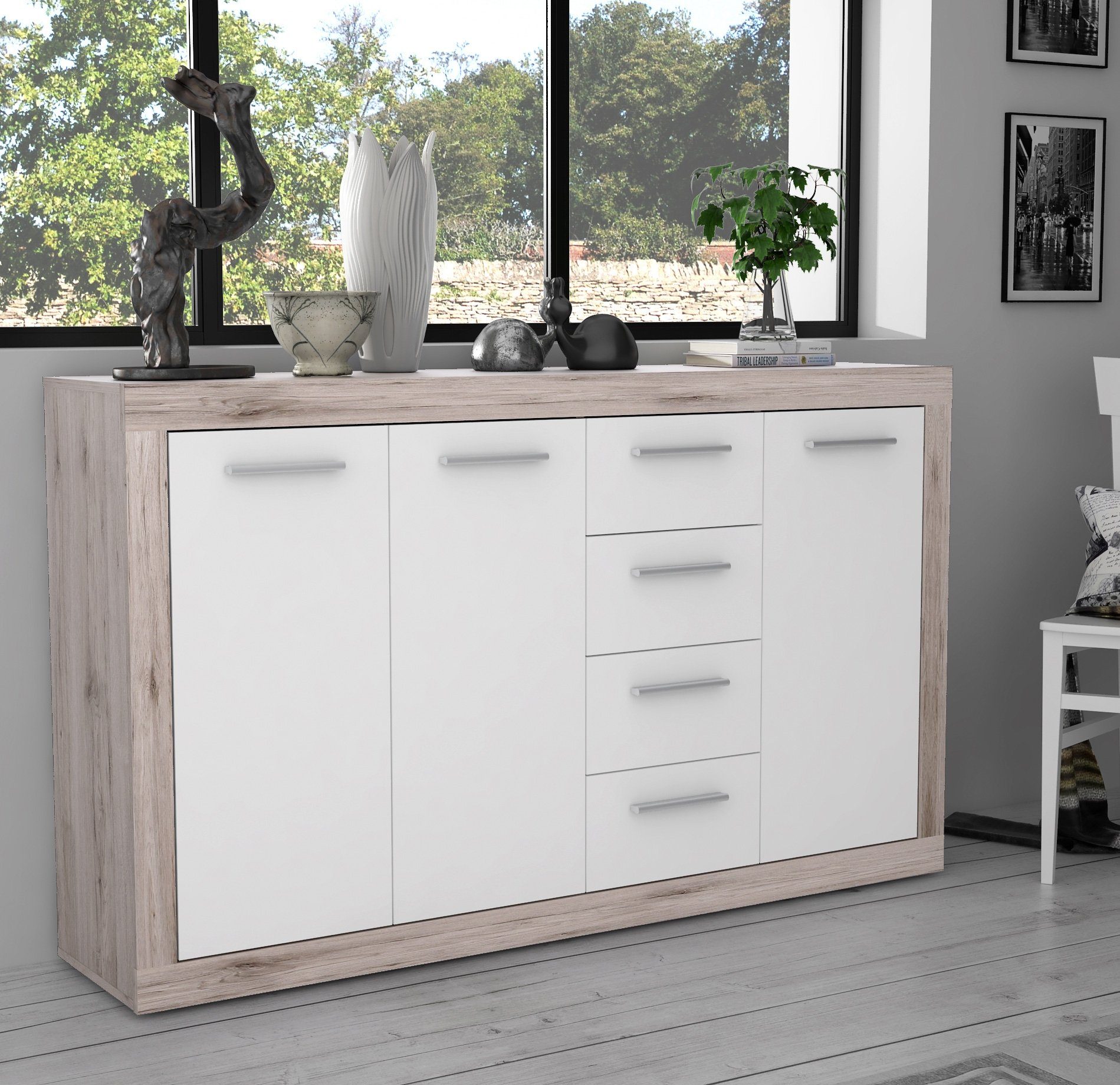 Newroom Kommode Sandeiche 152 cm, Kommode Sandeiche Modern Sideboard Highboard Wohnzimmer
