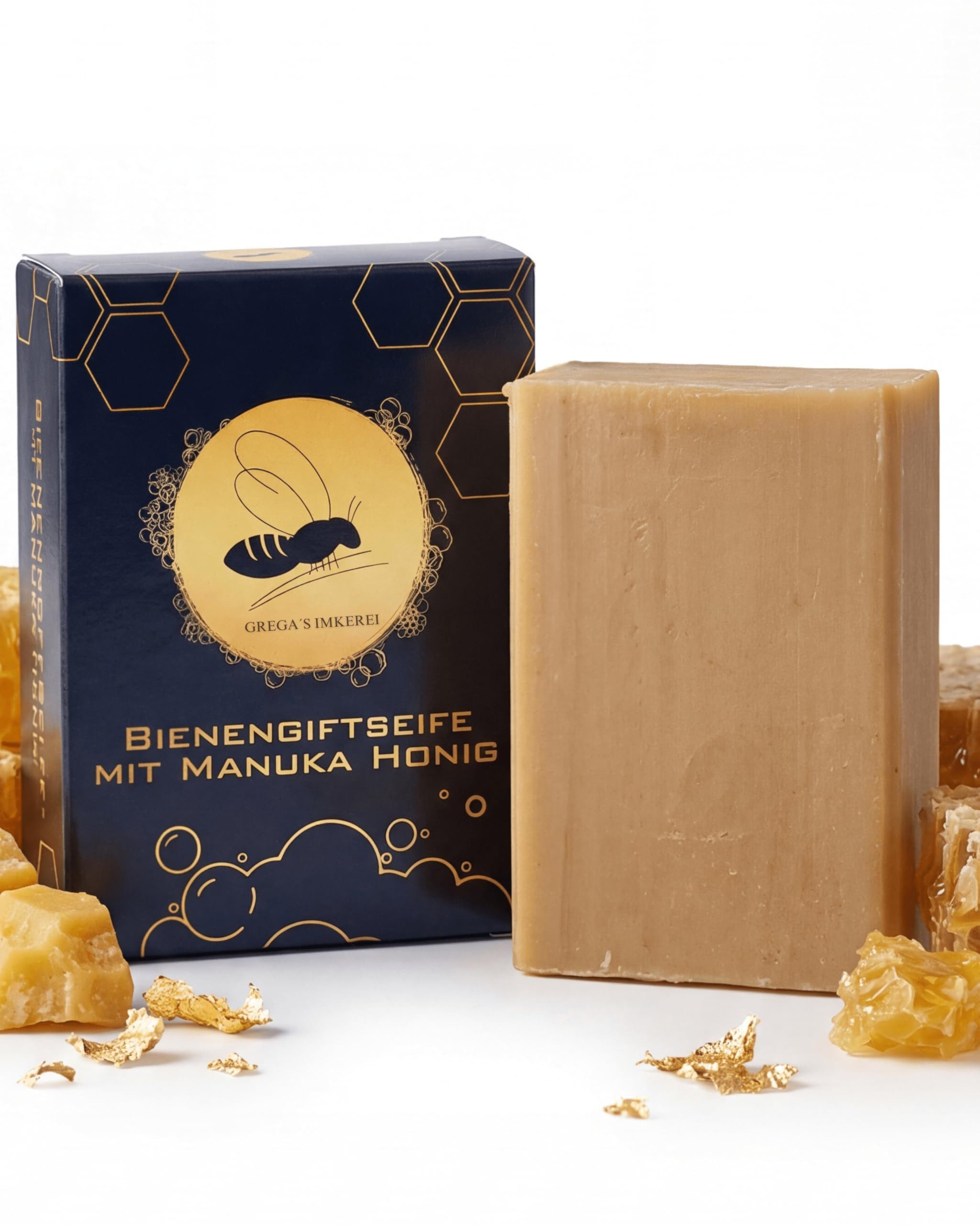 Grega´s Imkerei Feste Duschseife Bienengift Seife mit Manuka Honig 100 g, Naturseife palmölfrei & plastikfrei, Hergestellt in Deutschland