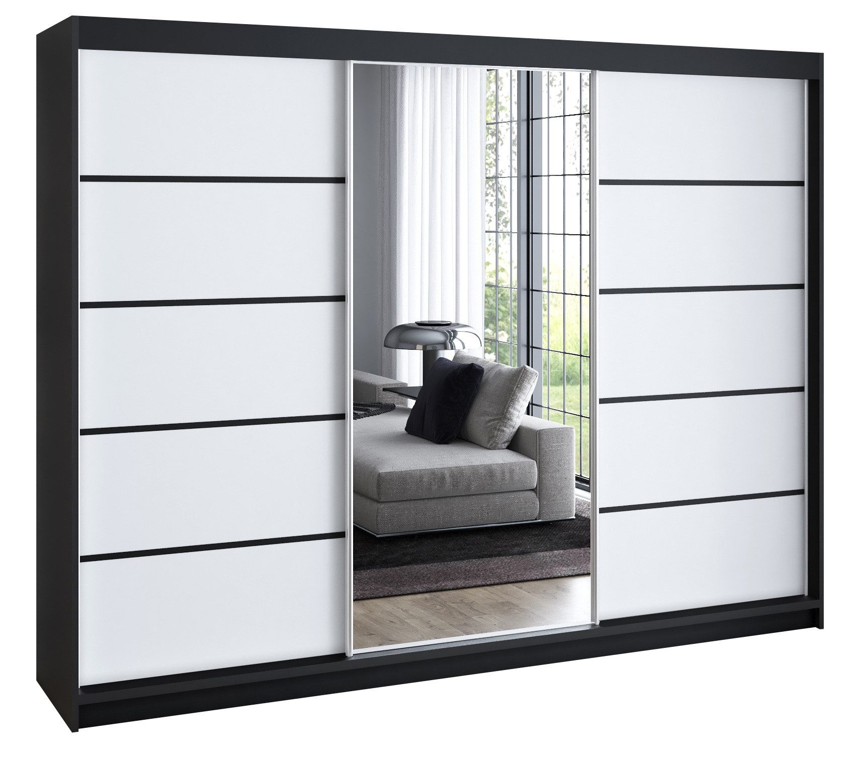 A&J MöbelLand GmbH Schiebetürenschrank VILUNO 3 mit 4 Schubladen und Spiegel (TOP ANGEBOT! Geräumiger Schrank mit einer Breite von 200 cm und Spiegel, ideal zur Aufbewahrung von Kleidung und Accessoires. 4 Schubladen und viel Stauraum. TOP PRODUKT! Wählen