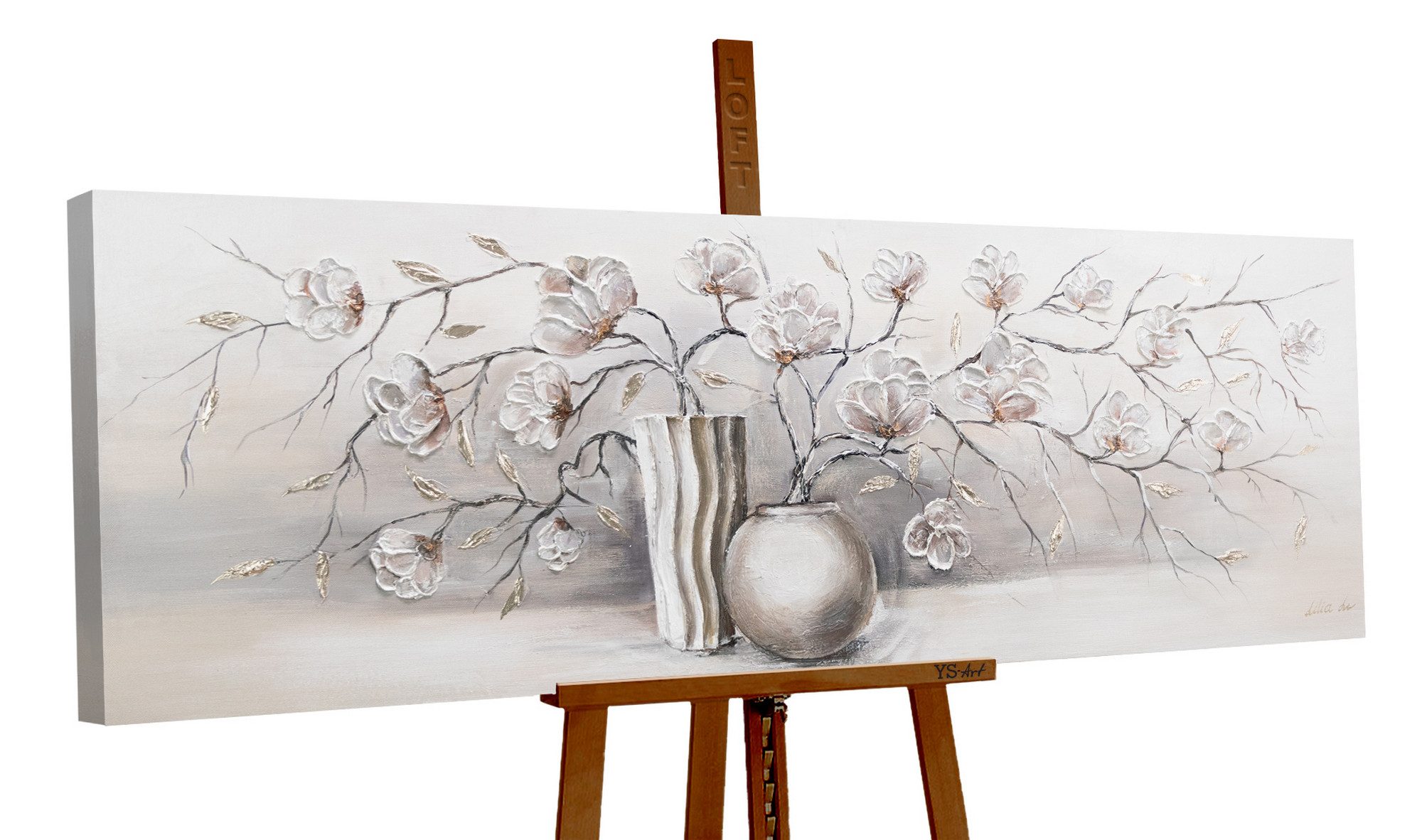 YS-Art Gemälde Stilleben, Blumen, Blumen Leinwand Bild Silber Vase