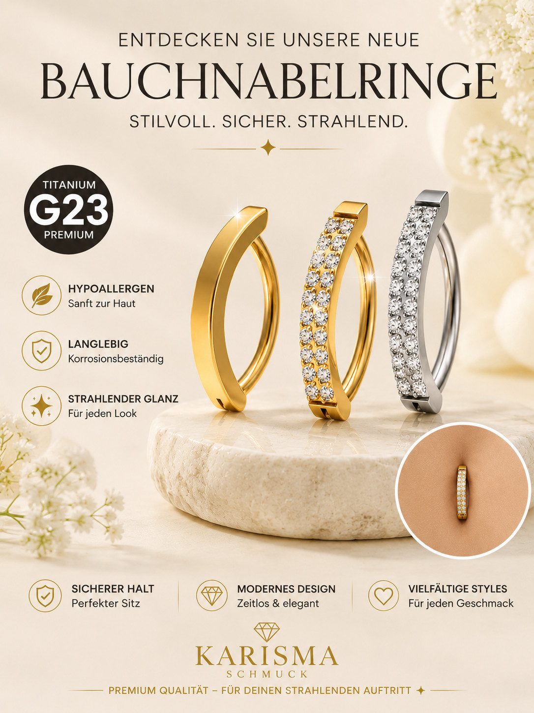 Karisma Schmuck Bauchnabelpiercing Top Down Titan G23 Bananabell Weiss Zirkonia HB564, Frauenschmuck