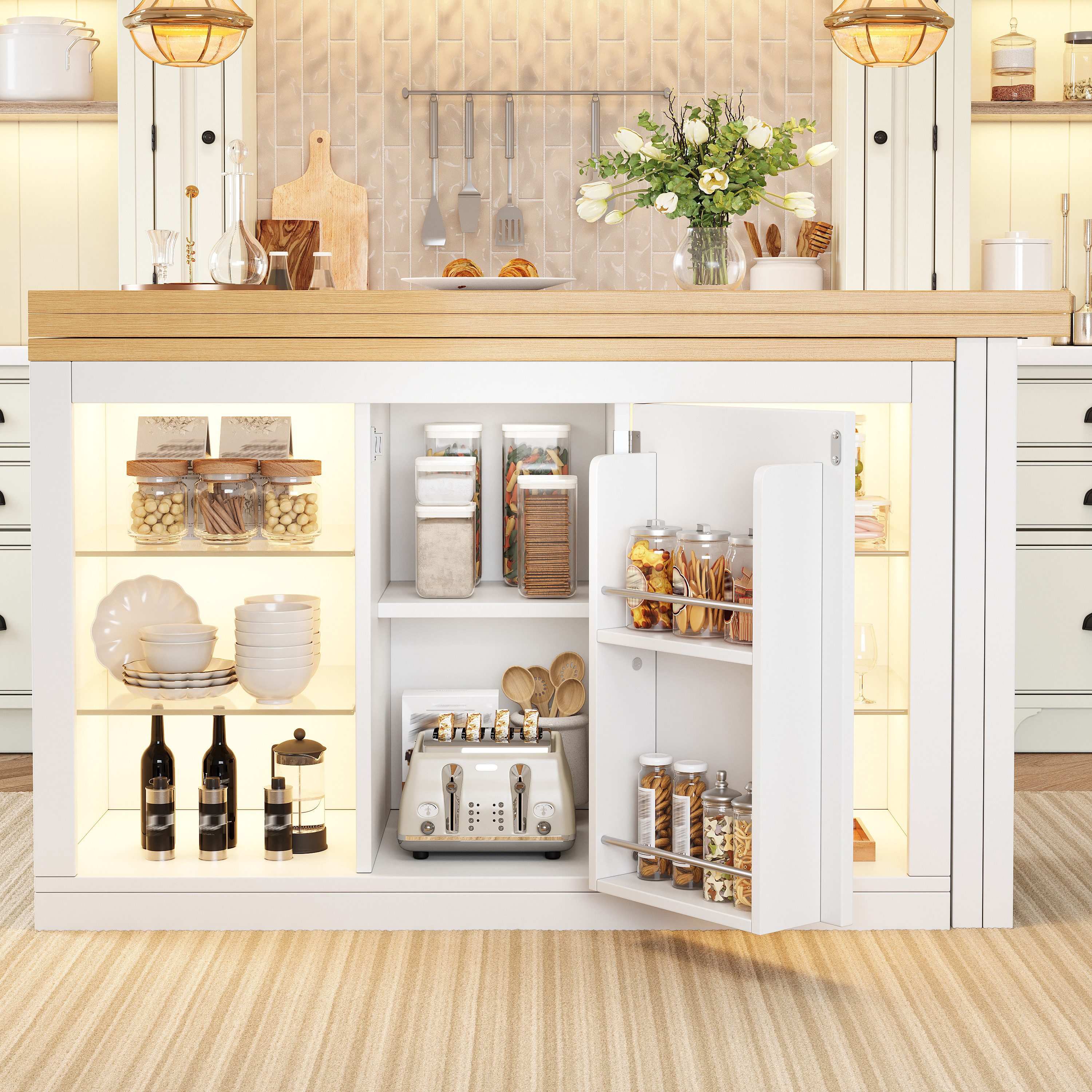 Flieks Kücheninsel Mehrzweckschrank mit 360° drehbarer und klappbarer Arbeitstisch, (Holzoptik Tischplatte Tiefe 40-80cm, Längenverstellbar 120-197cm), ausziehbar Esstisch&Küchenschrank mit verstellbarer Glasablagen Weiß