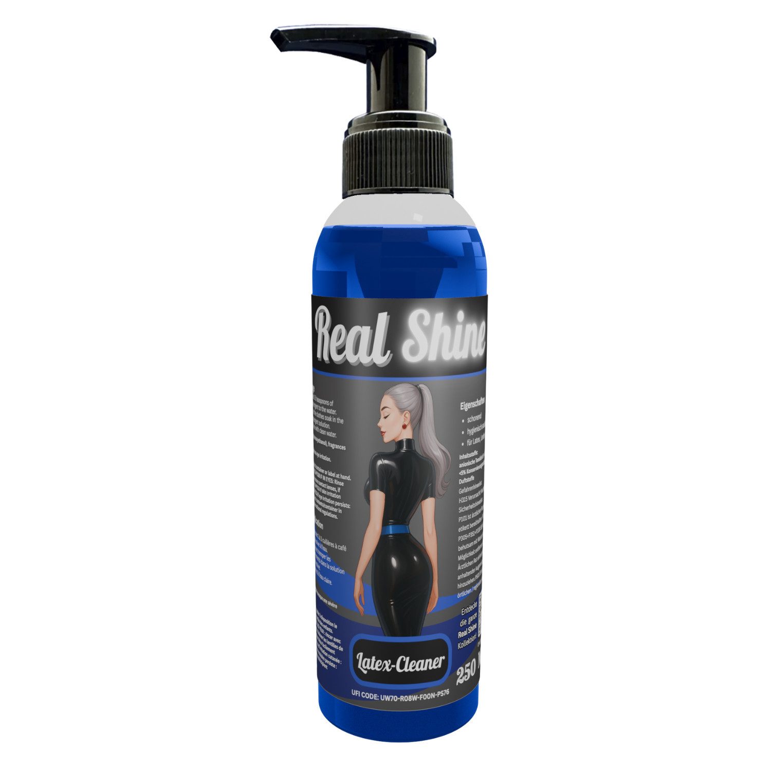 Optimal Products die bessere Lösung Real Shine Latex-Cleaner Spezialwaschmittel (250ml Flasche + Pumpkopf Für Glanzoptik und Entkeimung bei schonendem Waschvorgang)