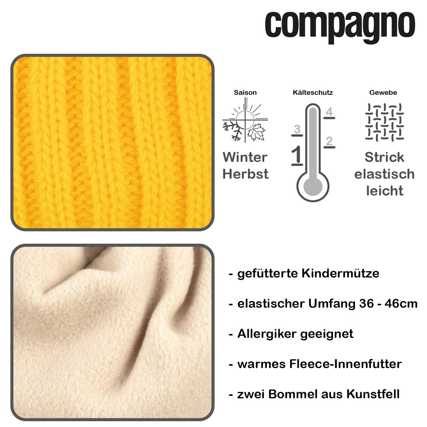 Kindermütze gelb Wintermütze Kinder Mütze compagno Bommelmütze (1-St) Beanie Mädchen Strickmütze